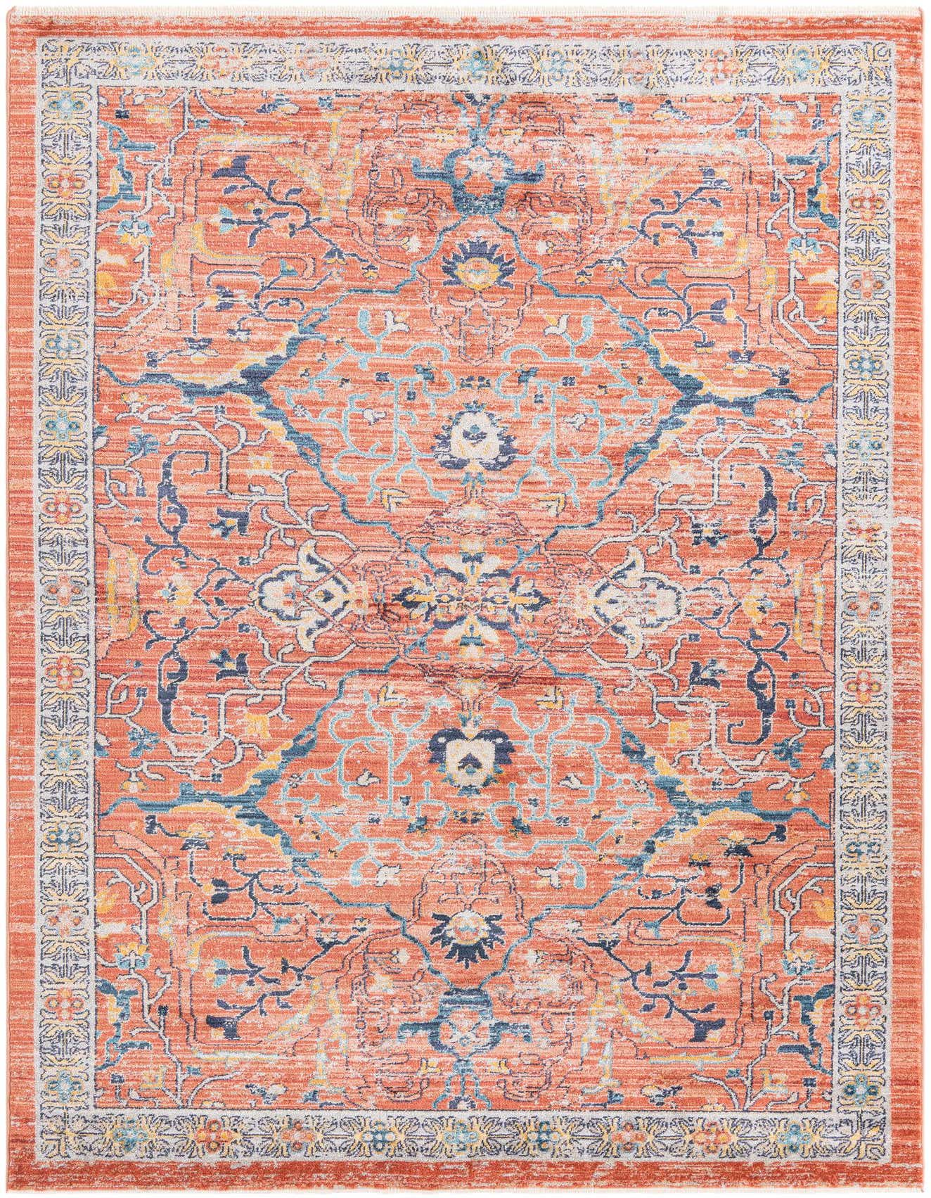 A 6x9 rectangular Lola collection rug by Rugs.com, featuring a distressed traditional pattern in shades of orange, red, brown, and blue.