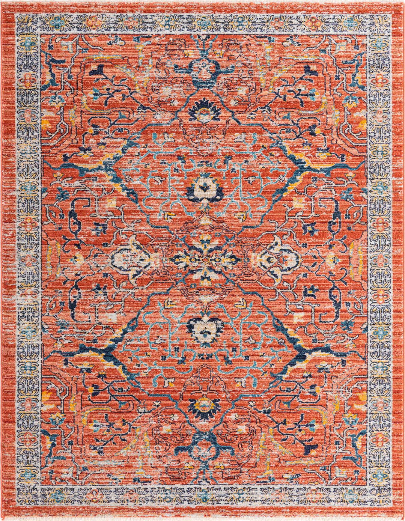 A 5x8 rectangular Lola Collection rug featuring a distressed traditional tribal pattern in oranges, reds, browns, and blues.