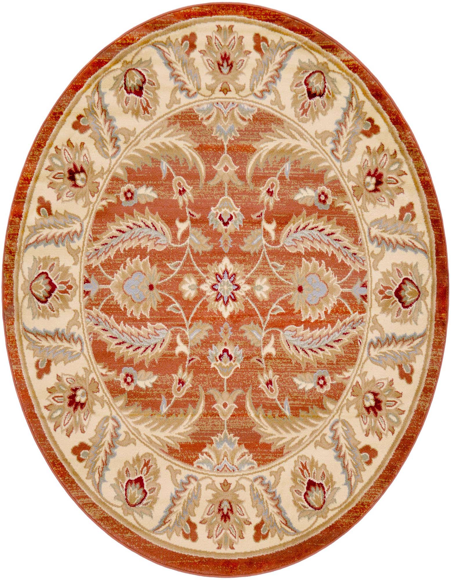 A 6' 0 x 6' 0 round traditional rug featuring a central floral medallion in oranges, reds, and tans, with a complementary border.