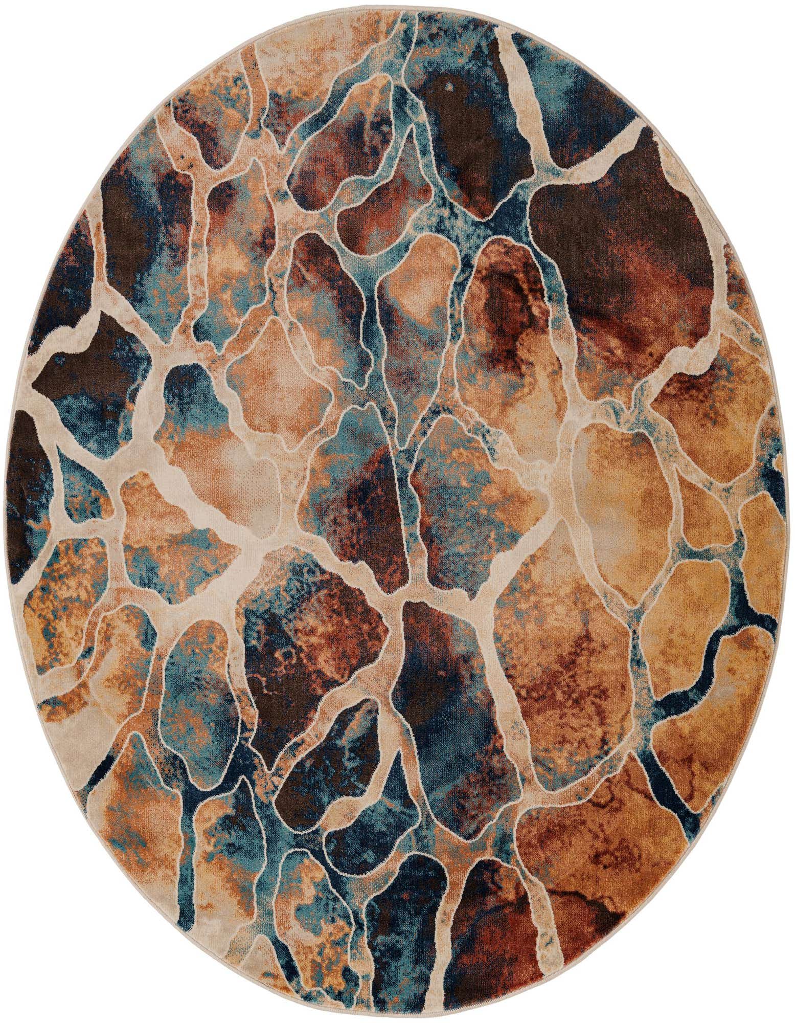 A 6' round modern abstract rug with a mosaic-like pattern in shades of brown, tan, orange, and teal.