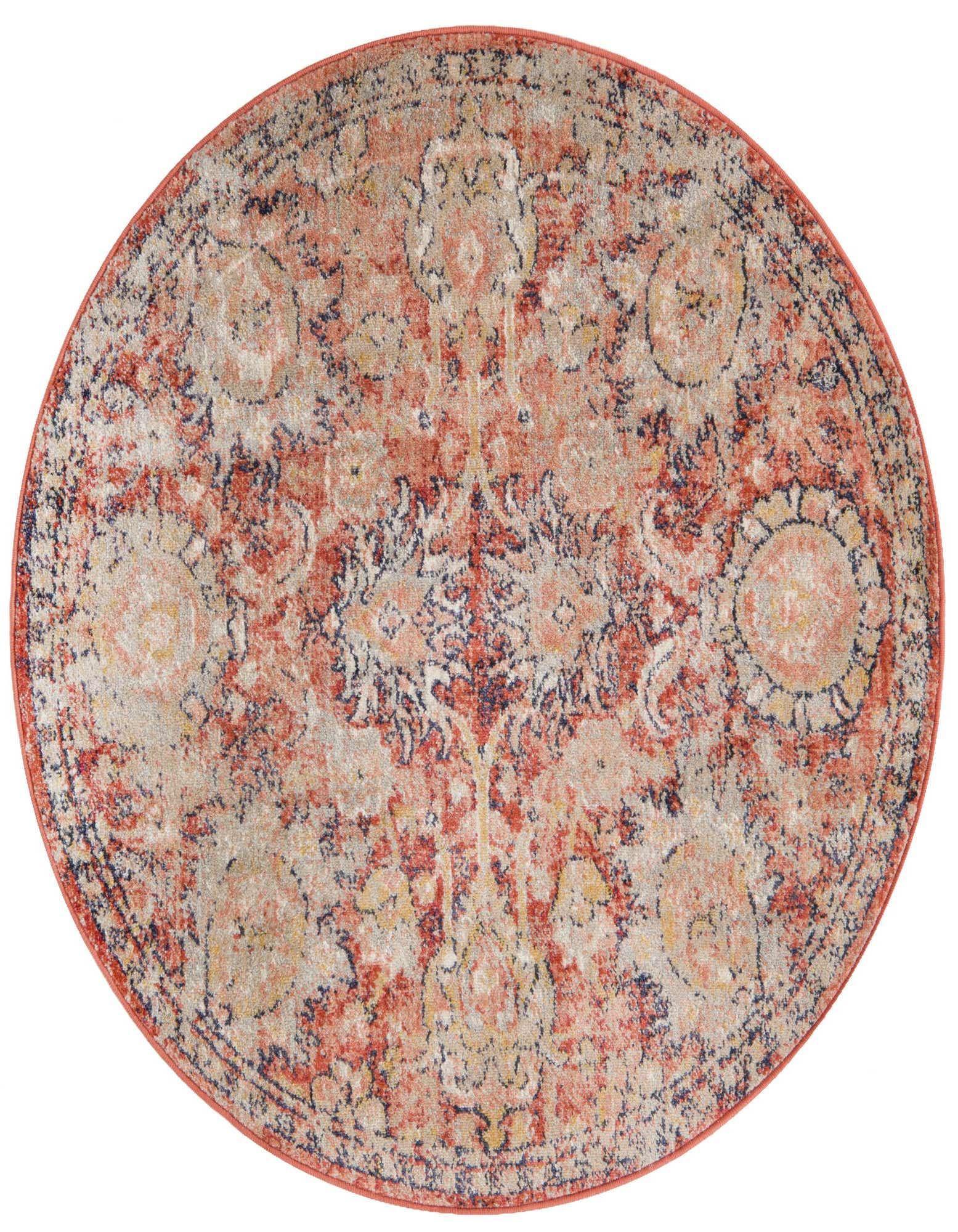 A 4' round Lola collection rug with a distressed traditional floral pattern in shades of brown, tan, orange, and red.