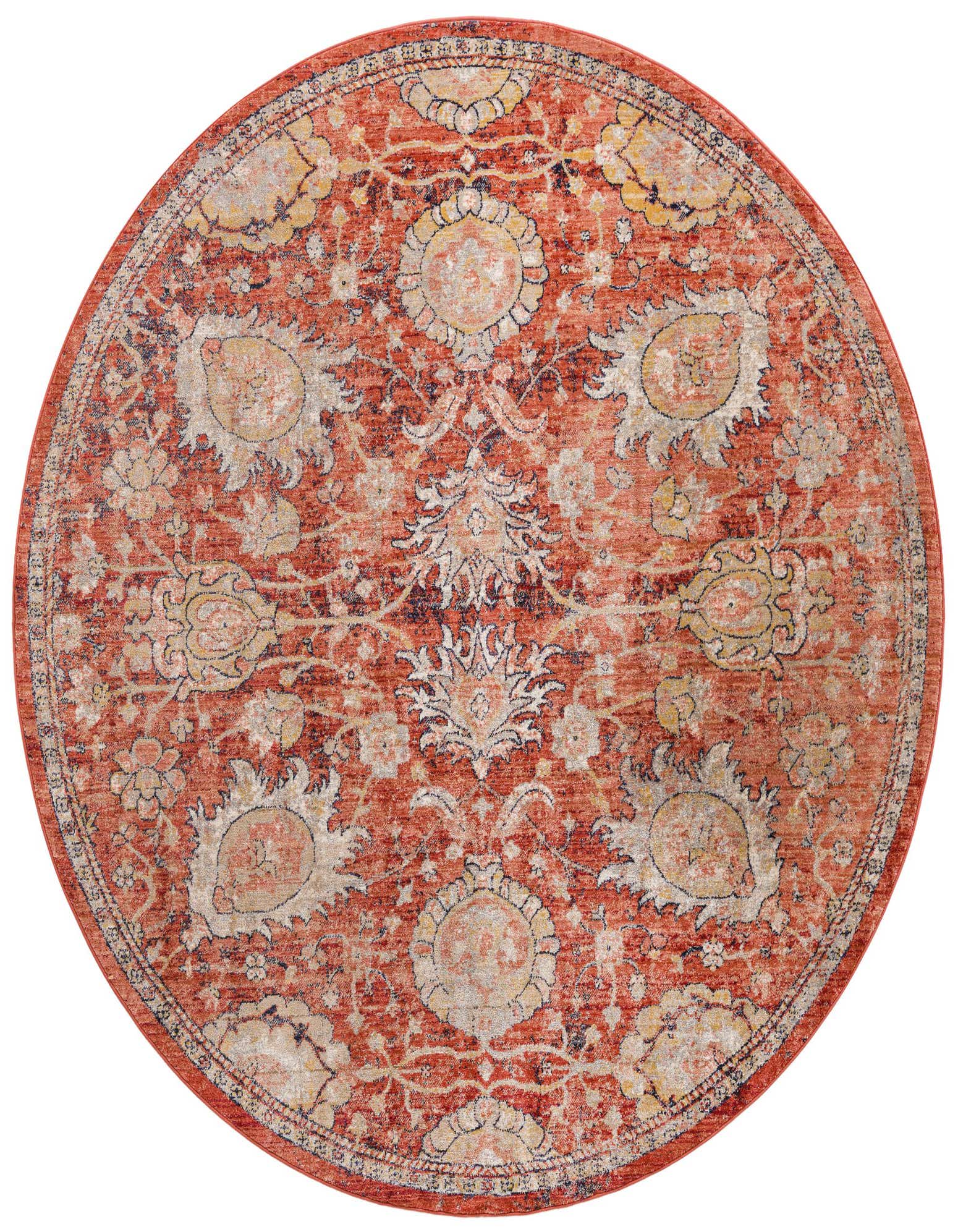 A round 7' 10 x 7' 10 Lola rug featuring a distressed traditional floral pattern in reds, oranges, and tans.