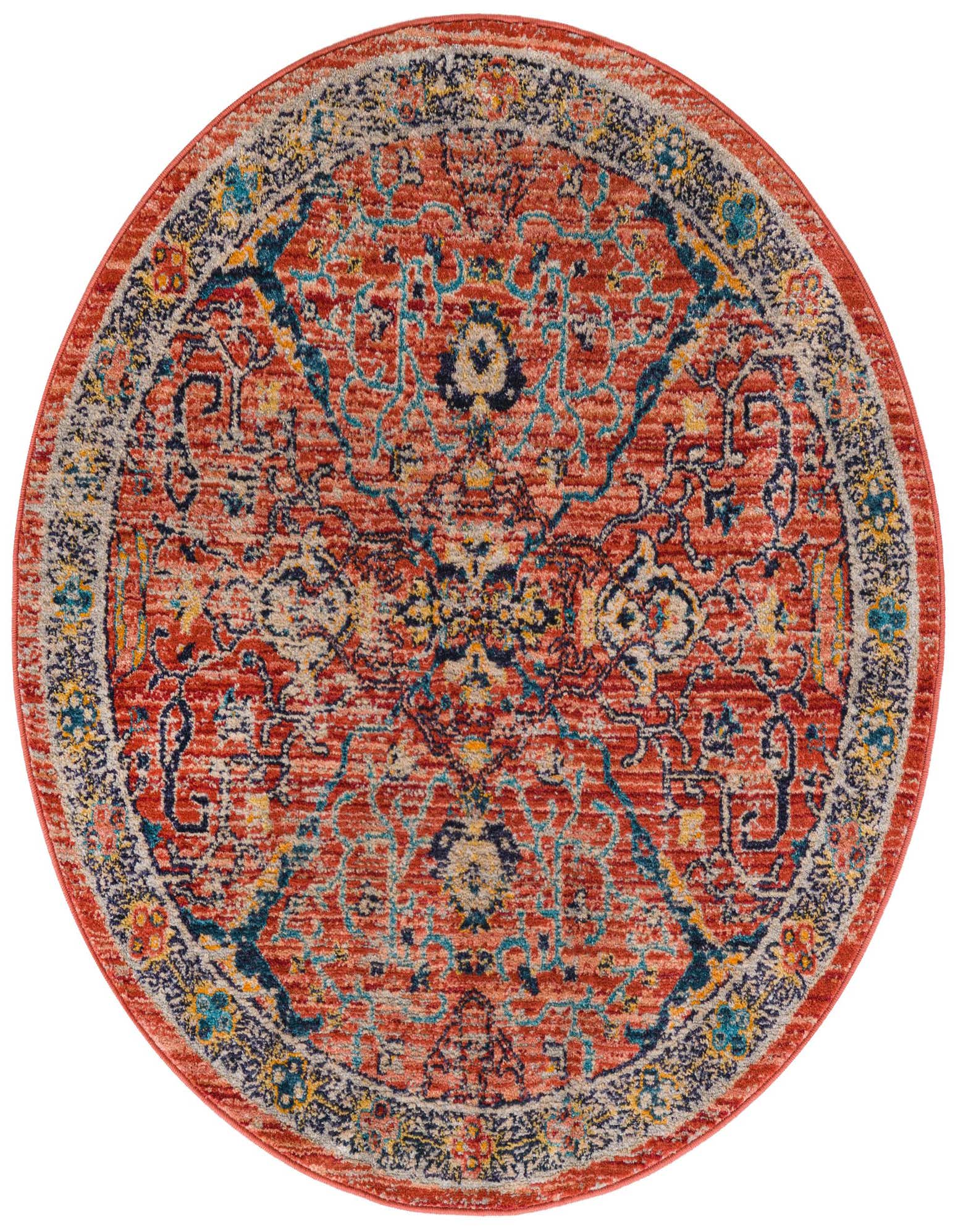 A 5' 2 round Lola rug from Rugs.com featuring a distressed traditional tribal pattern in reds, oranges, browns, and blues.