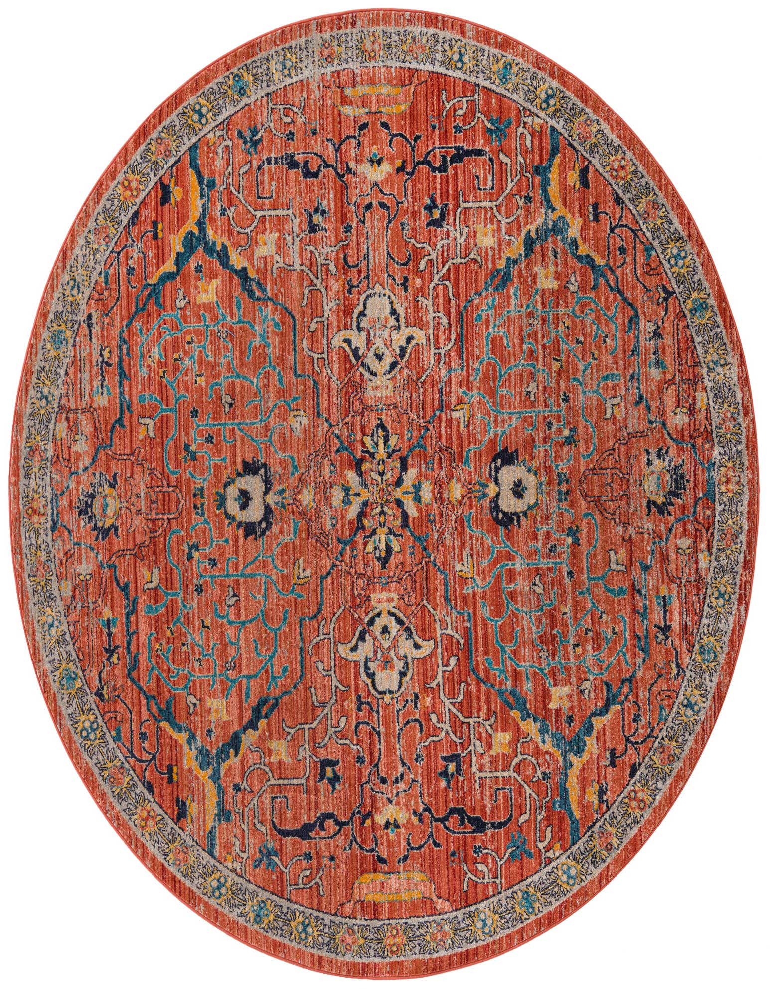 A round 7' 10" red and orange rug with a distressed traditional medallion and tribal pattern in blues, yellows, and creams.