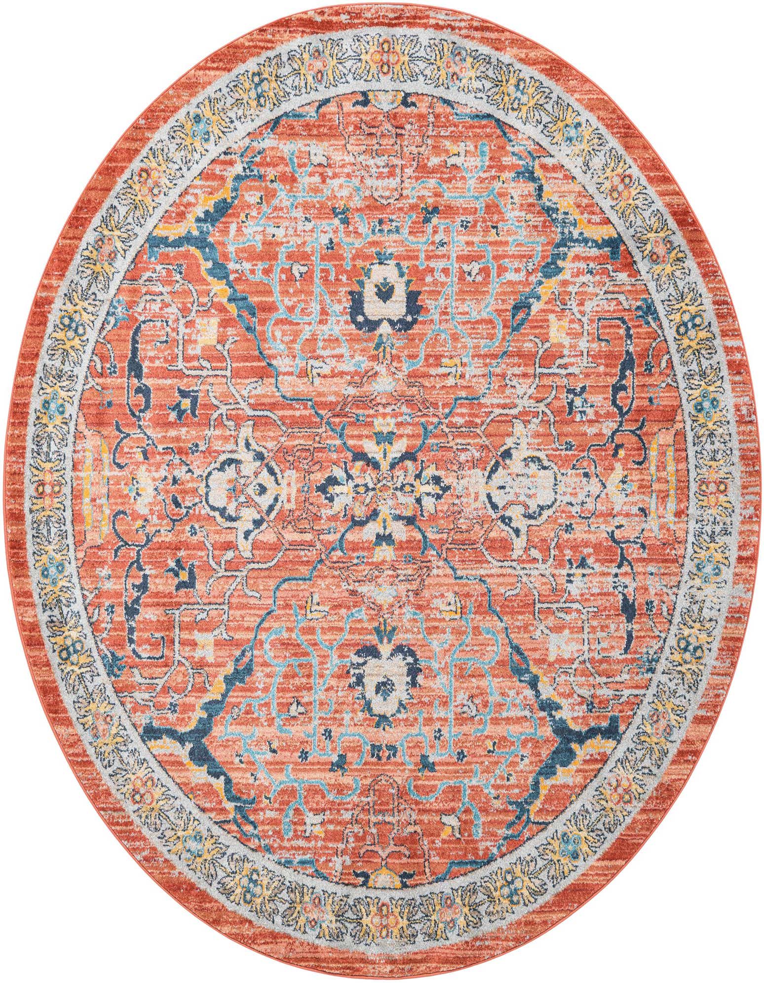 A round, distressed traditional rug with a vibrant orange-red field, blue and tan tribal patterns, and a light gray floral border.