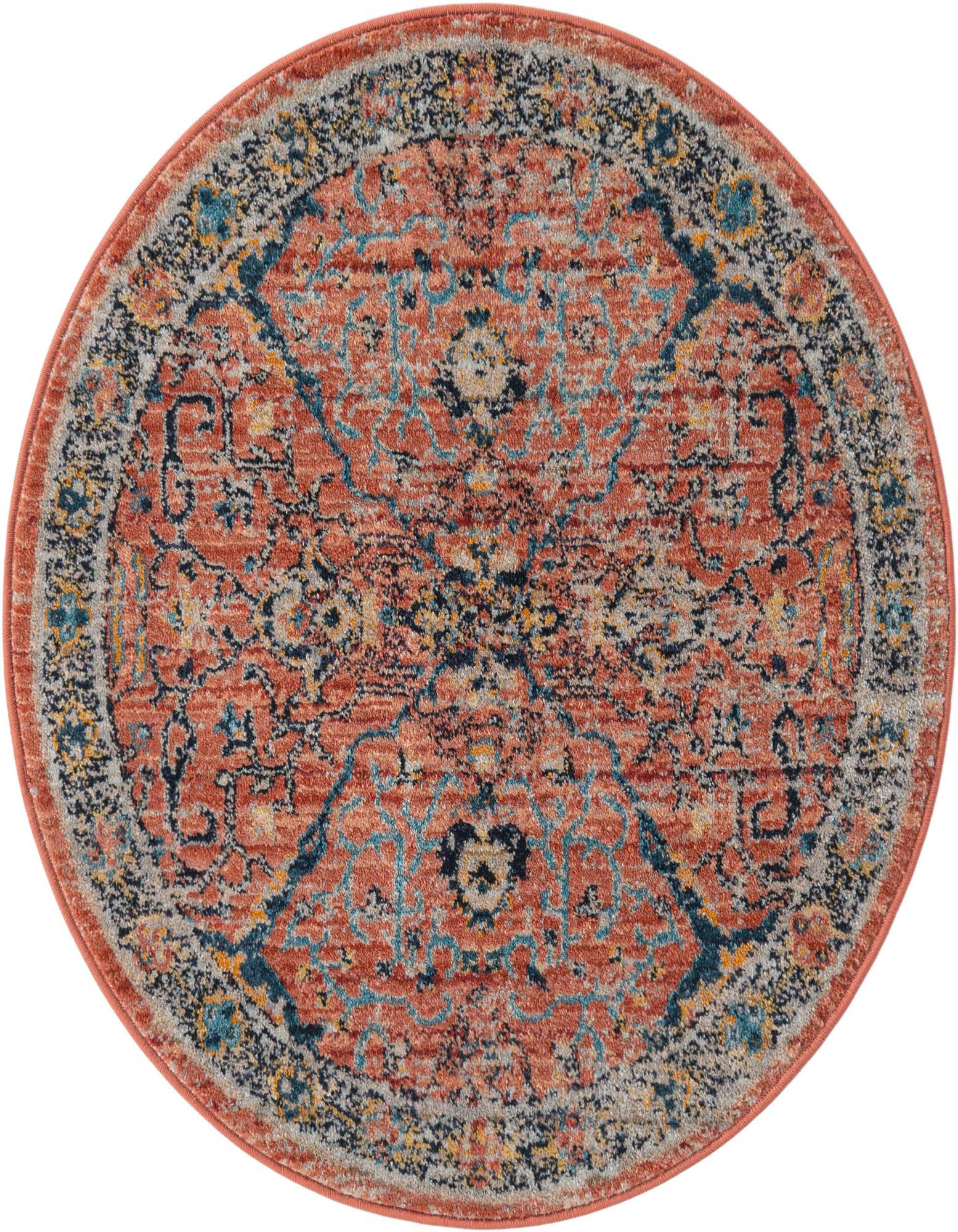 A 3' 3 round Lola Collection rug featuring a distressed traditional medallion pattern in shades of terracotta, rust, brown, tan, and light blue.