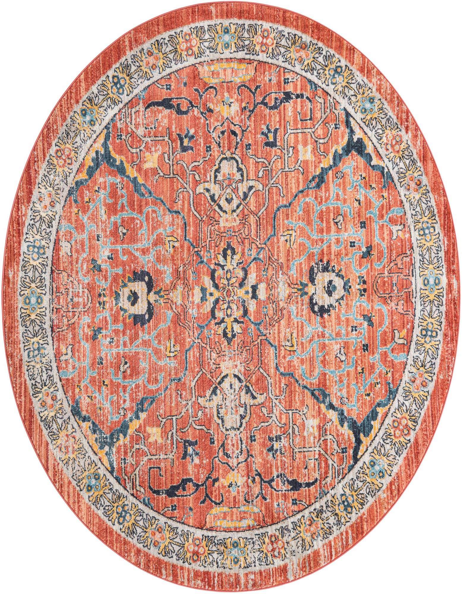 A 6' round Lola rug by Rugs.com with a distressed medallion pattern in oranges, reds, and browns.