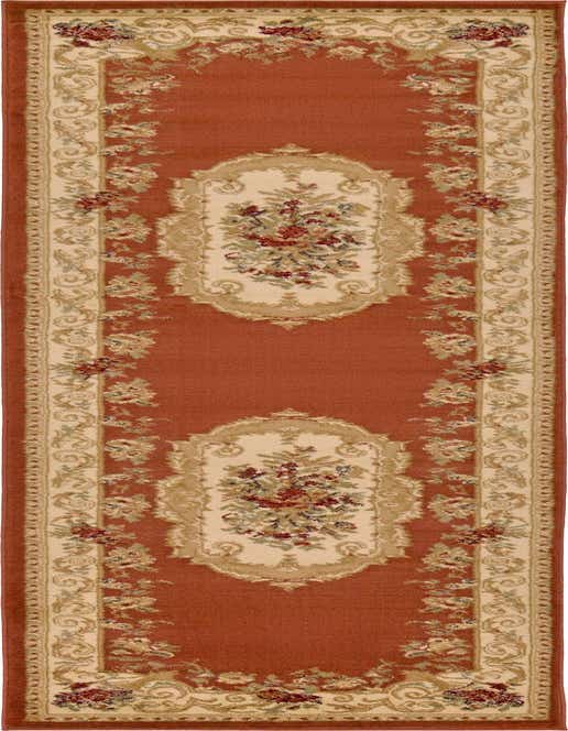 A 10 ft traditional runner rug in shades of rust orange and cream, featuring botanical and medallion patterns, ideal for a hallway.