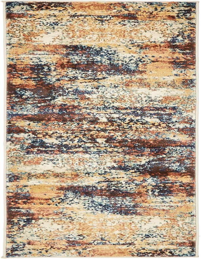 A 6 ft runner rug with an abstract, vintage-inspired pattern in shades of brown, tan, orange, and red, ideal for a hallway or kitchen.