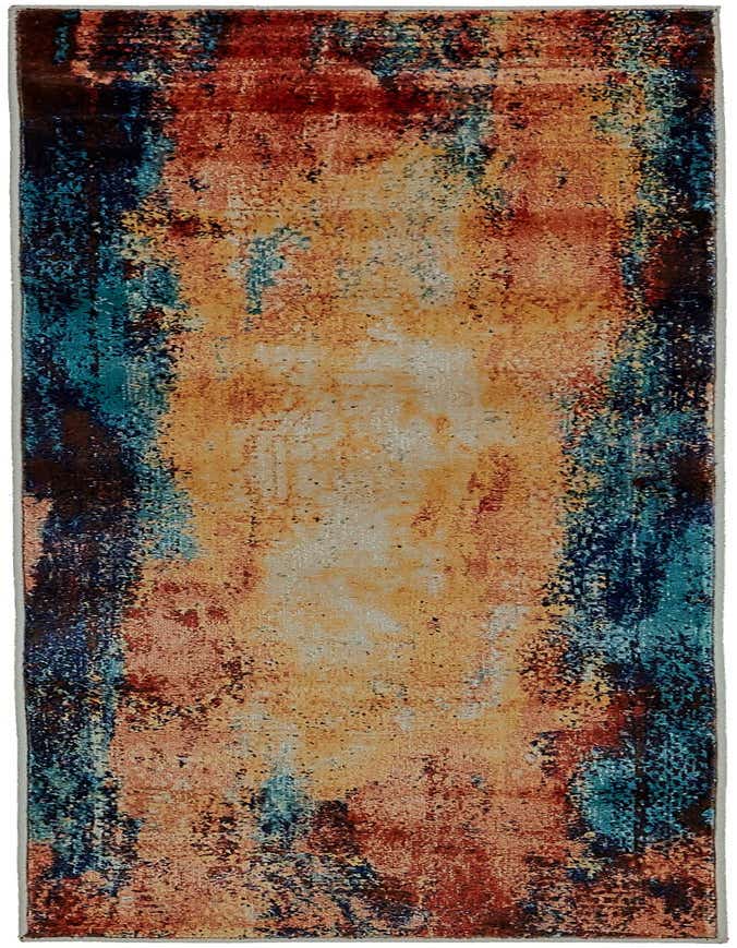 A 6 ft runner rug with an abstract, eclectic pattern in shades of brown, tan, orange, and red, suitable for a hallway.