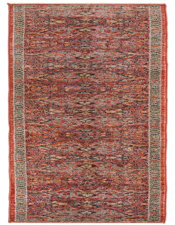 A 13 ft runner rug from the Lola Collection, featuring a distressed traditional tribal pattern in shades of red, orange, brown, and tan, ideal for a hallway.