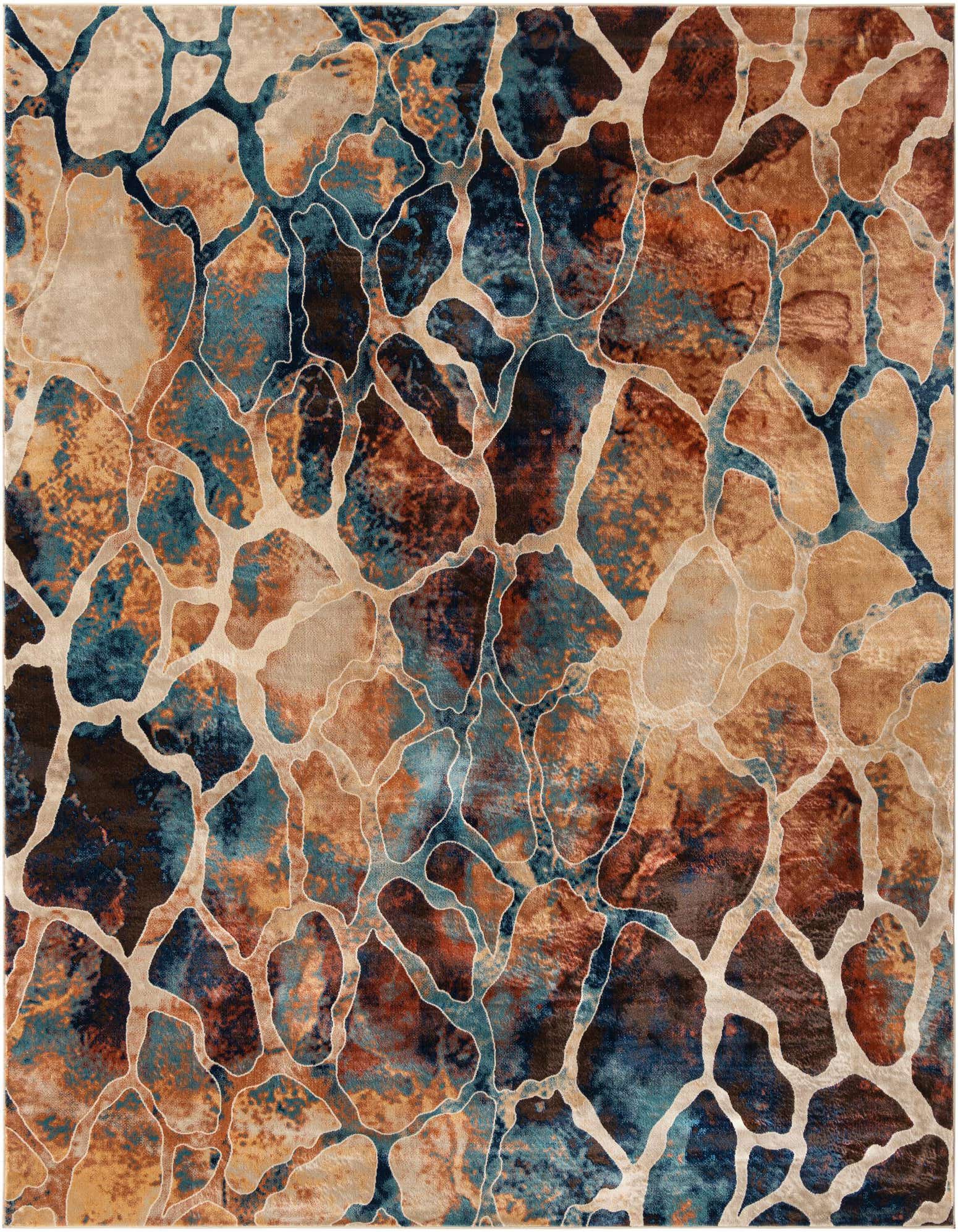 A square 10' 0 x 10' 0 modern abstract rug with a pattern of interconnected organic shapes in shades of brown, tan, orange, and deep teal, outlined by thin beige lines.