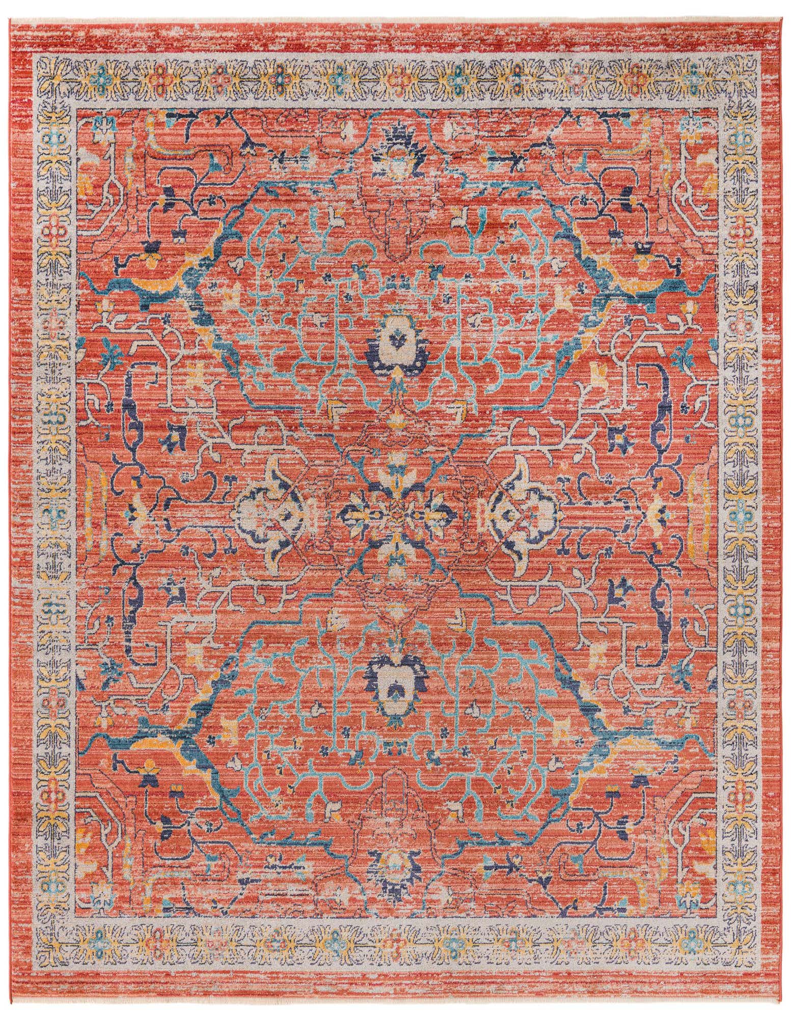 A 7' 10 x 7' 10 square Lola rug with a distressed tribal pattern in reds, oranges, tans, and blues.