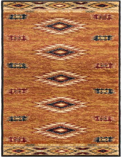 A 10 ft runner rug with a rustic Southwestern design, featuring a warm brown and orange background with tribal medallions in red, tan, and navy.