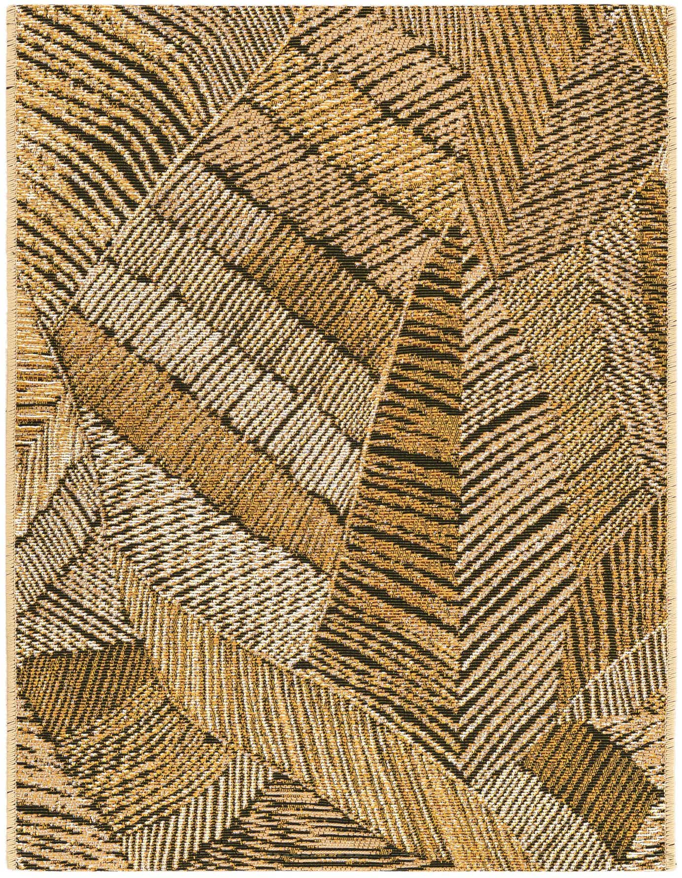 A 2x3 rectangular Rugs.com Outdoor Botanical rug with a modern abstract pattern in varying shades of brown and tan, featuring textured flatweave sections.