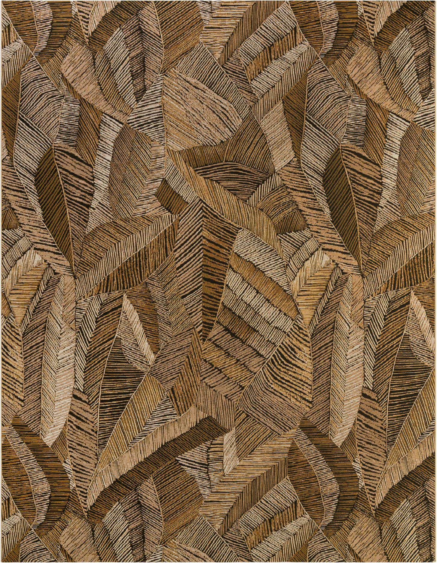 A 10x13 rectangular brown and tan modern area rug featuring a textured, abstract botanical leaf pattern.