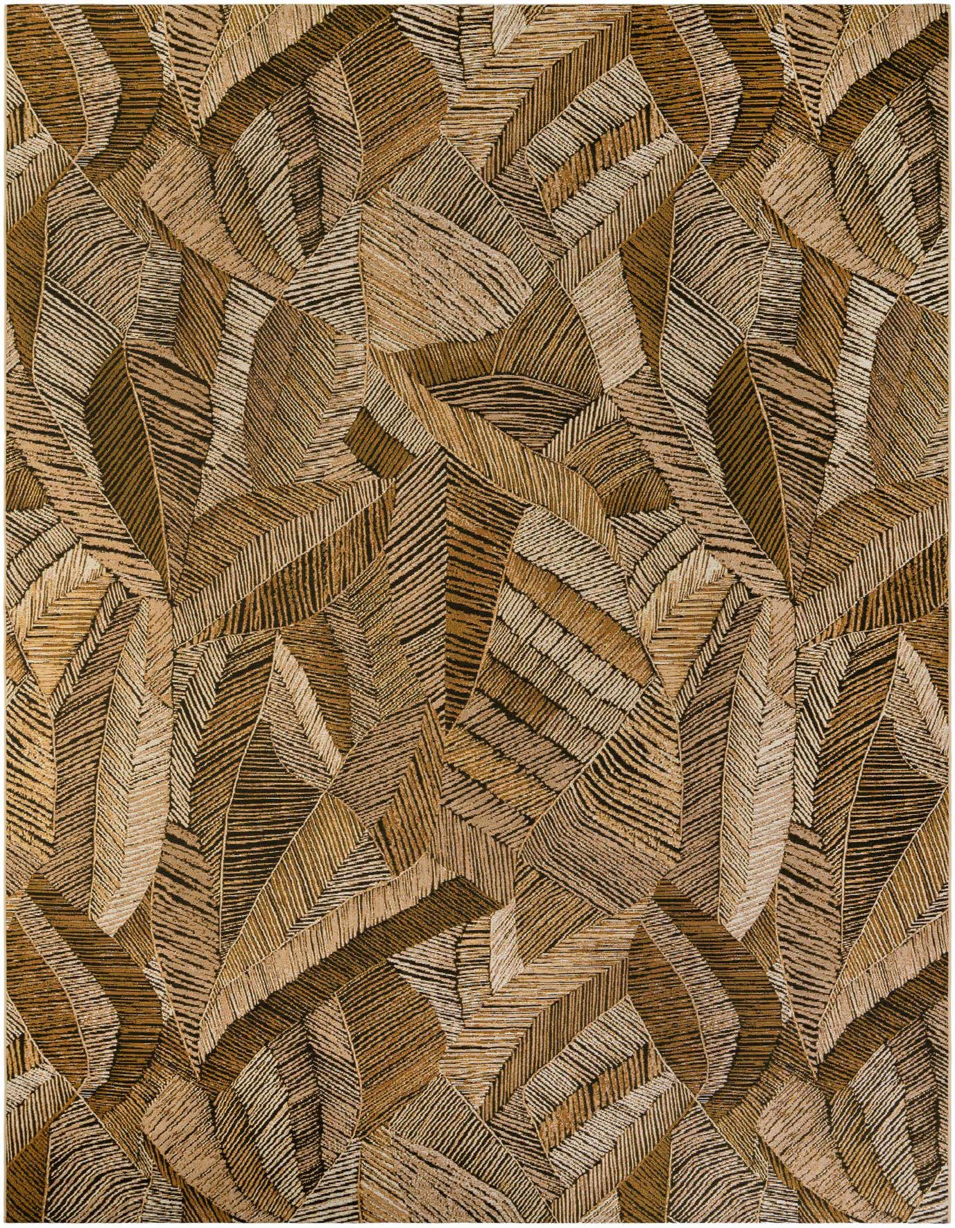 A 10x14 rectangular brown and tan modern area rug with a textured, abstract leaf-like pattern, suitable for indoor or outdoor use.