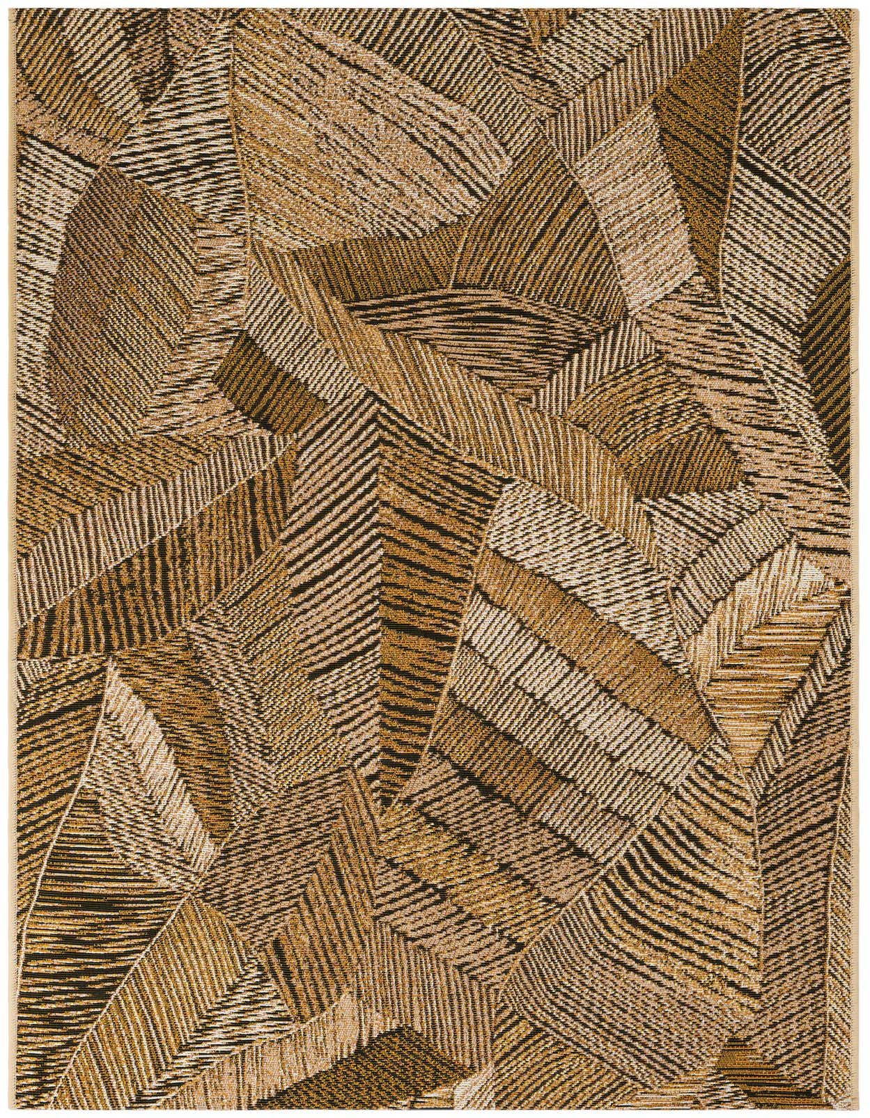 A 3x5 rectangular brown and tan modern flatweave rug with a textured, abstract botanical pattern, suitable for indoor or outdoor use.