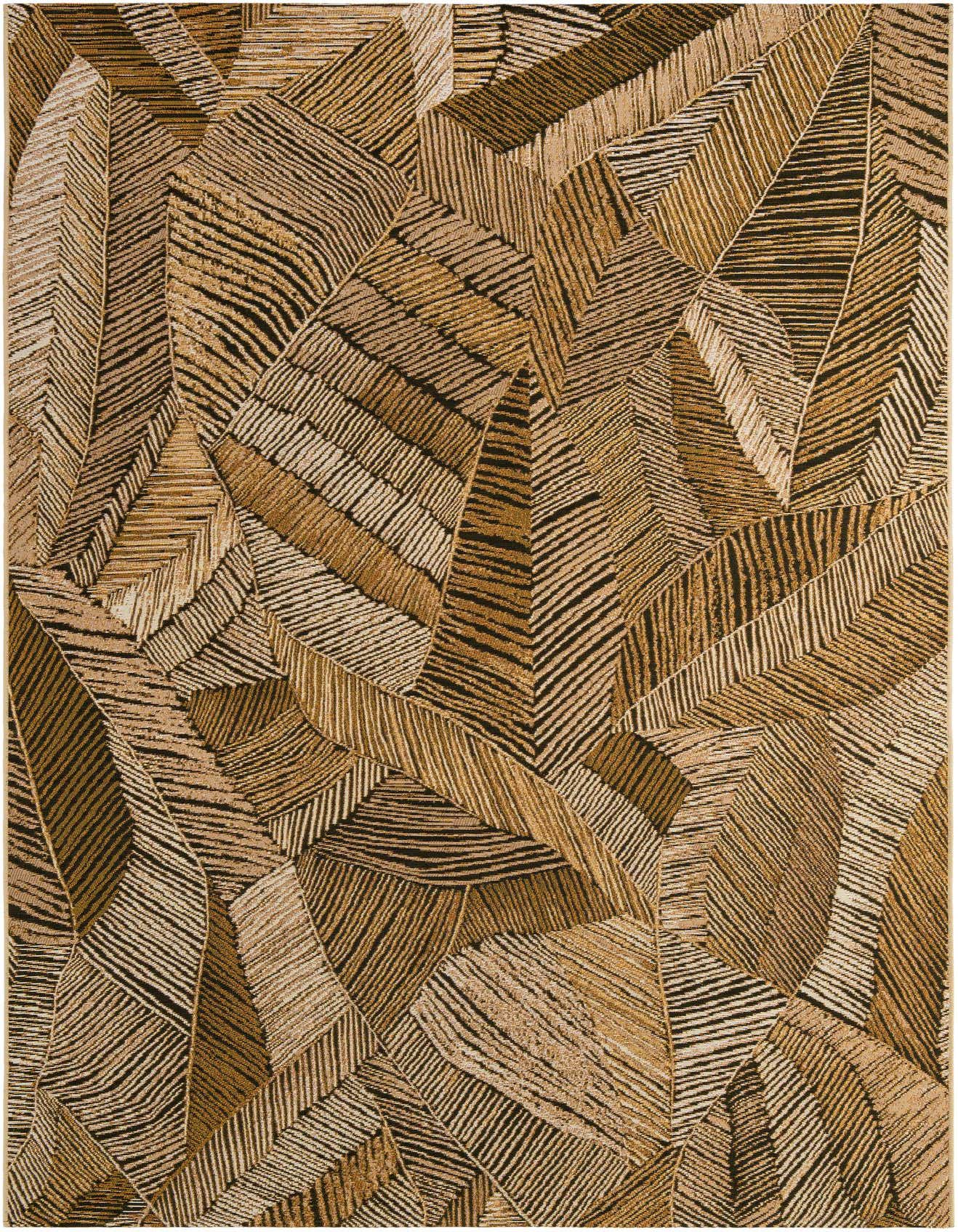 A 6x9 rectangular rug featuring a modern botanical pattern in varying shades of brown and tan, with textured flatweave.