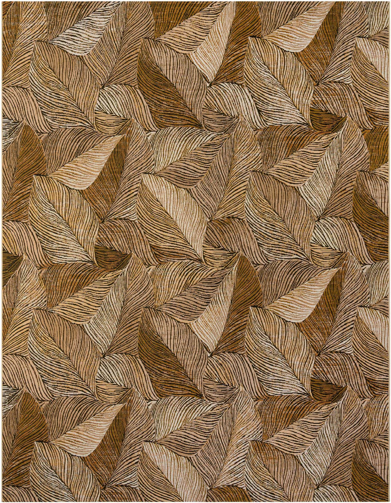 A 10x13 rectangular brown and tan rug featuring a modern floral leaf pattern with textured lines, suitable for indoor/outdoor use.