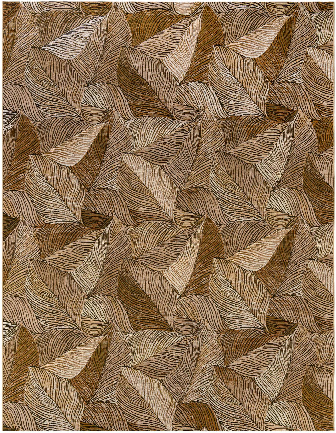 A 10x14 rectangular indoor/outdoor rug with a modern floral pattern in varying shades of brown and tan, featuring textured leaf designs.