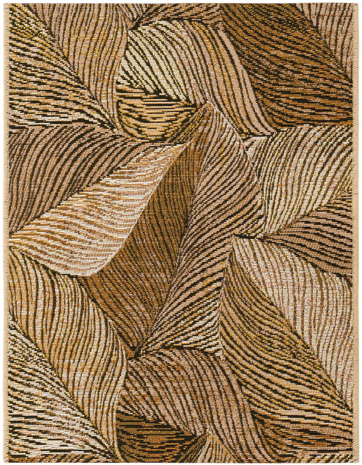 A rectangular 2x3 brown and tan rug with a modern floral pattern featuring large, textured leaves.