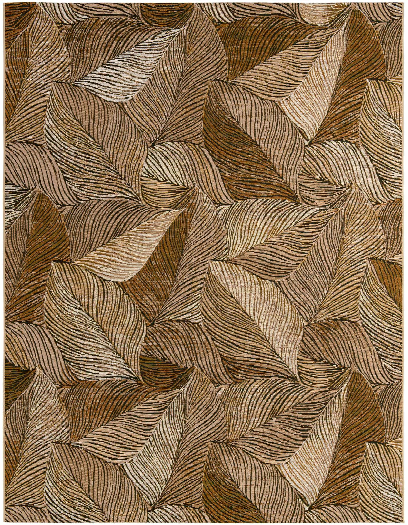 A 7x10 rectangular rug with a modern floral pattern featuring overlapping brown and tan leaves with textured veins.