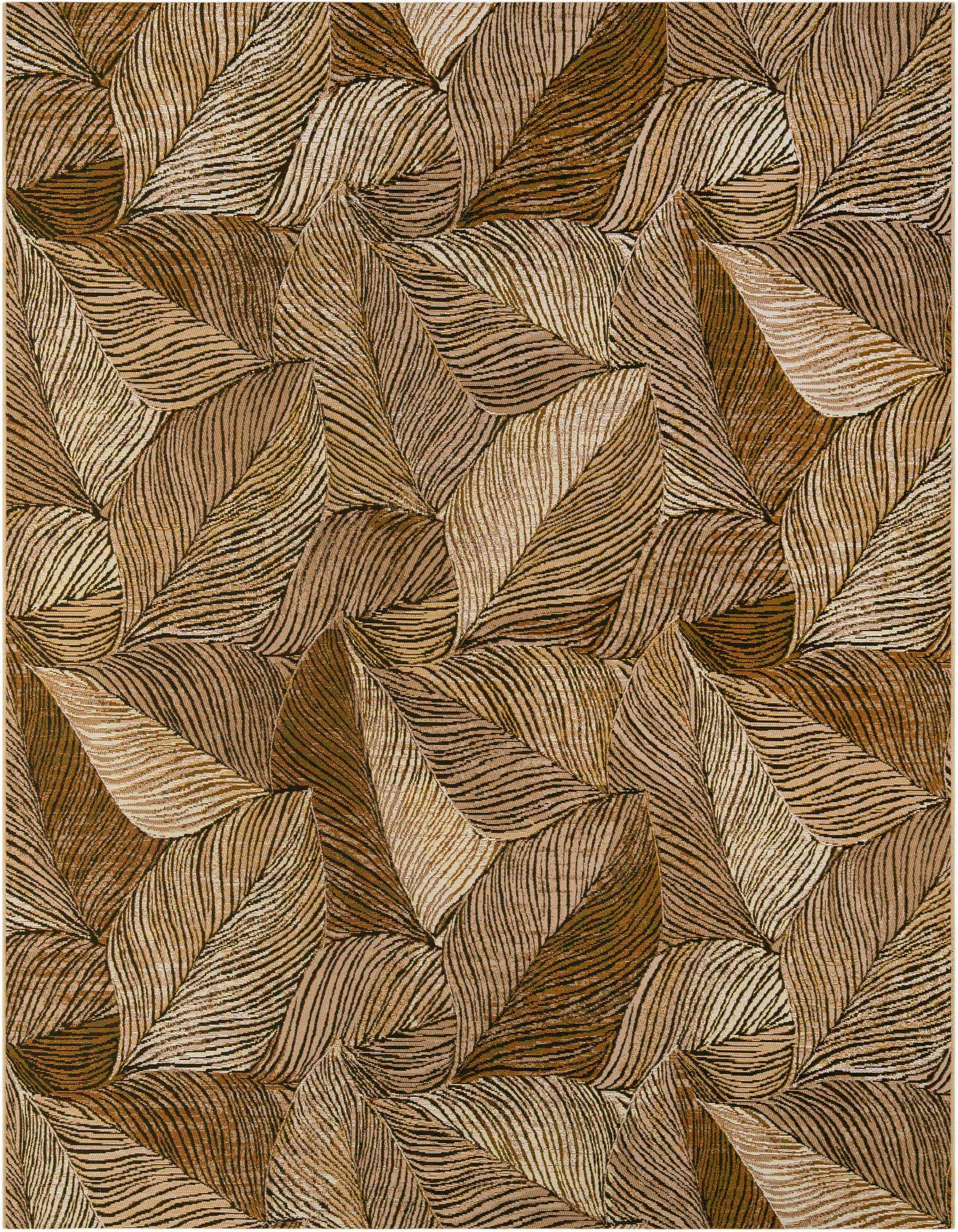 An 8x10 rectangular rug featuring a modern floral pattern with overlapping brown and tan leaves.