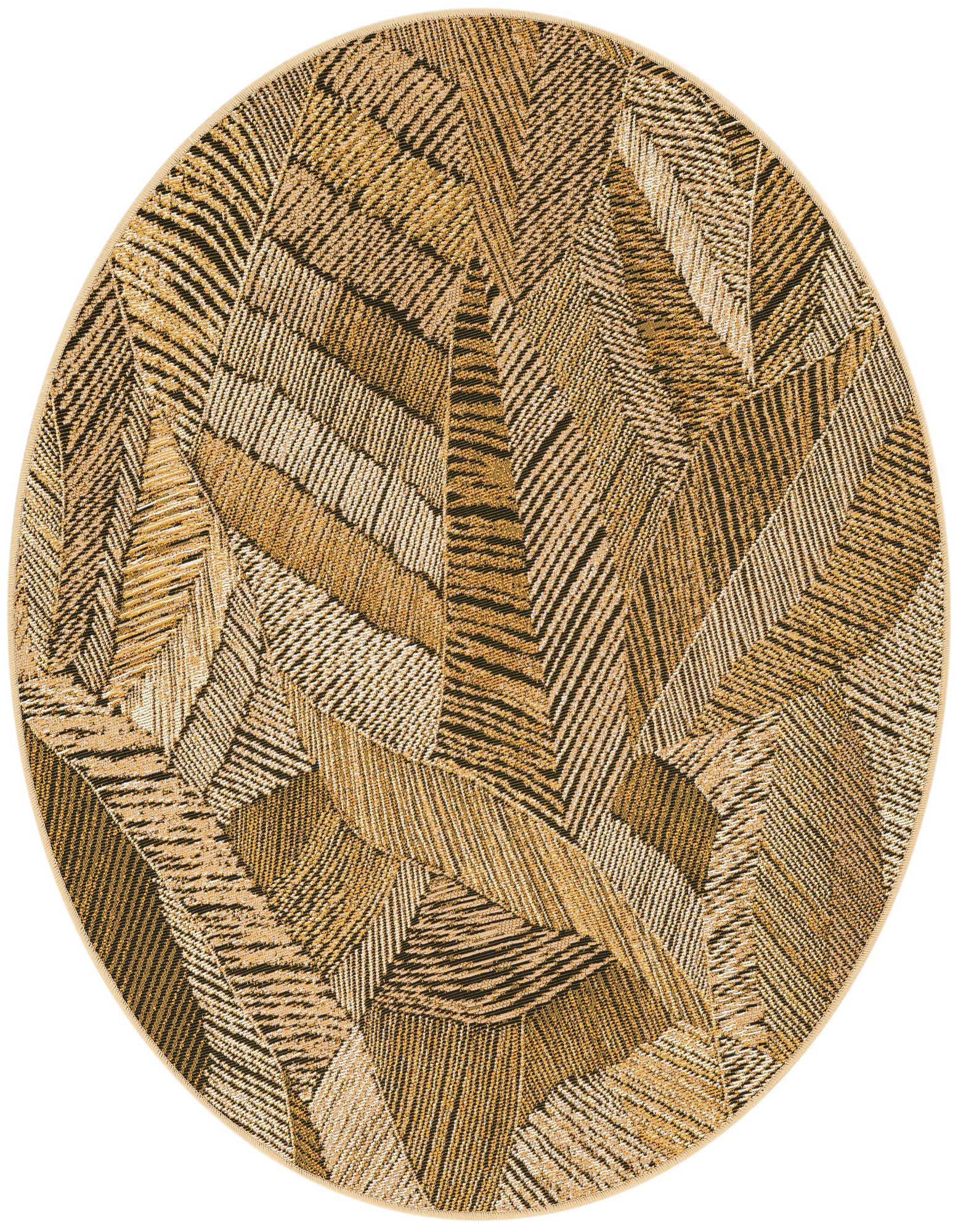 A 4' round brown and tan modern rug with a textured geometric pattern, suitable for indoor or outdoor use.
