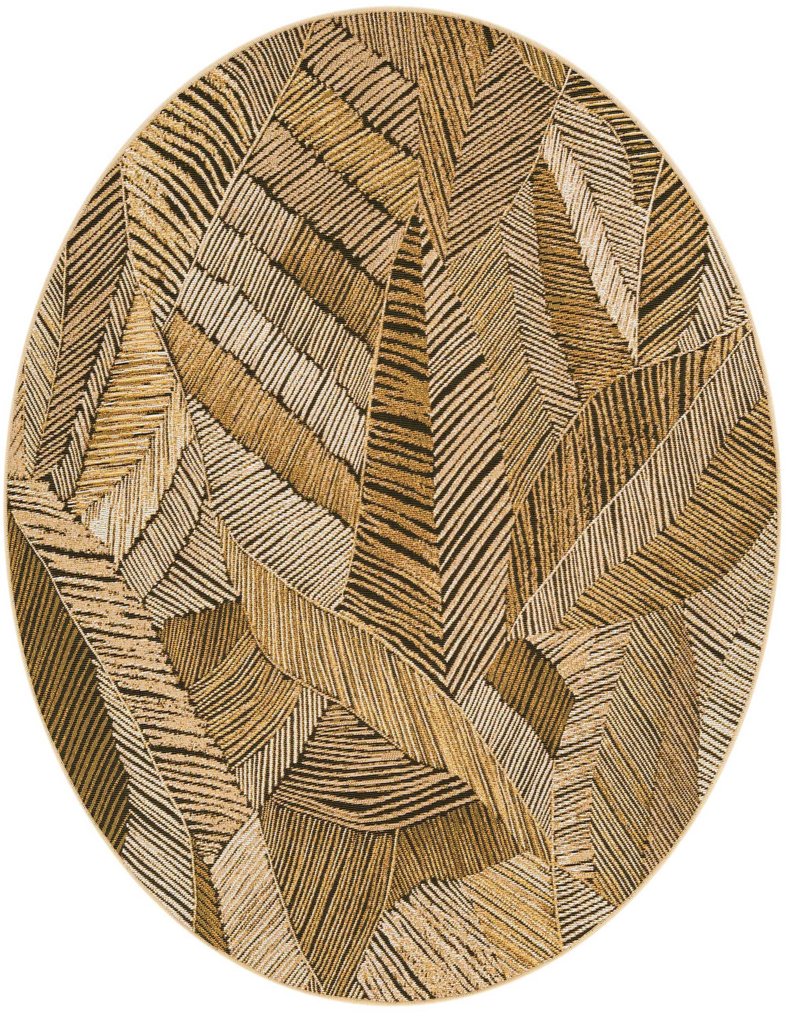 A 5' round brown and tan modern floral rug with textured flatweave, ideal for indoor or outdoor spaces.