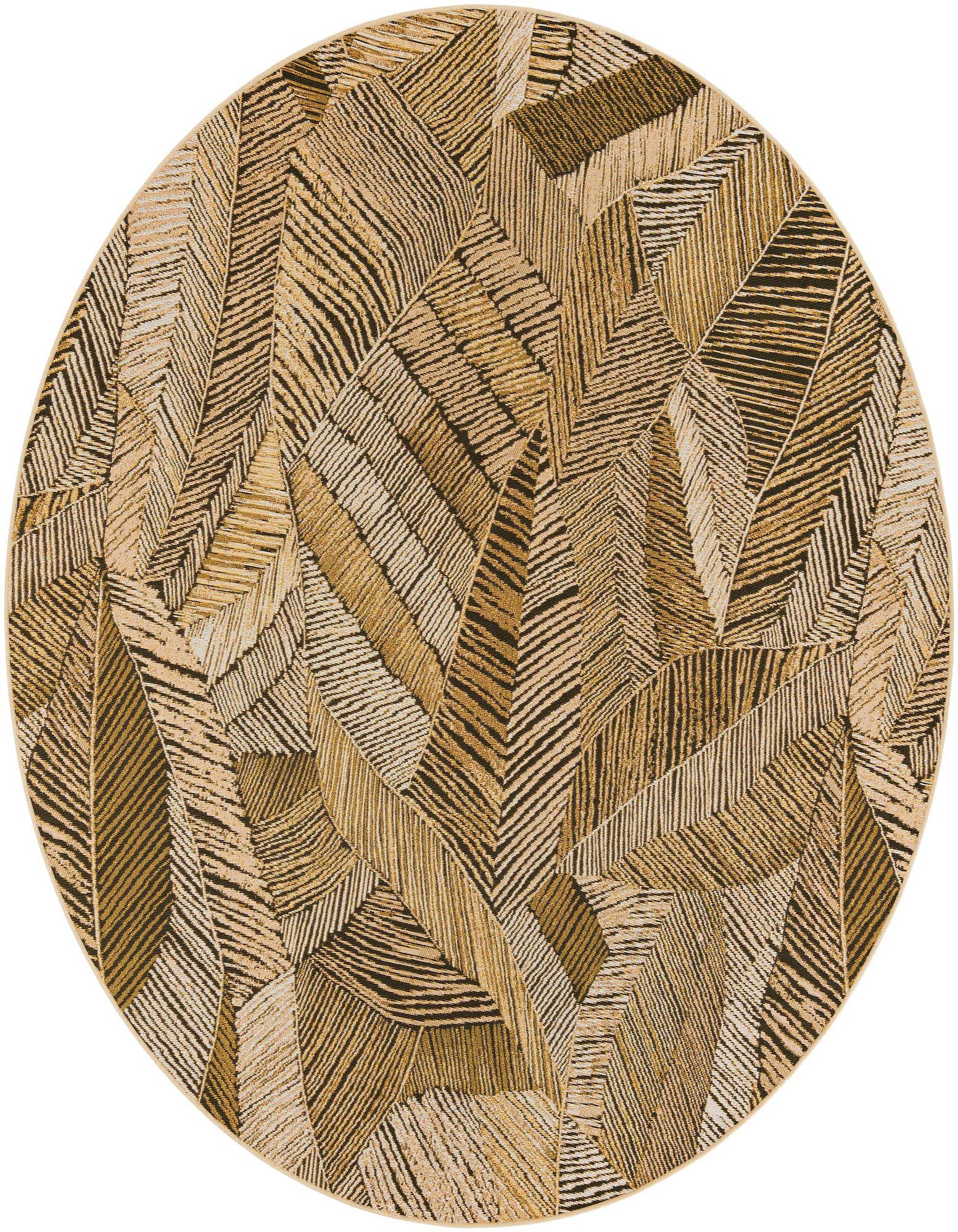 A round 8' brown and tan modern floral rug with a textured, flatweave pattern, suitable for indoor or outdoor use.