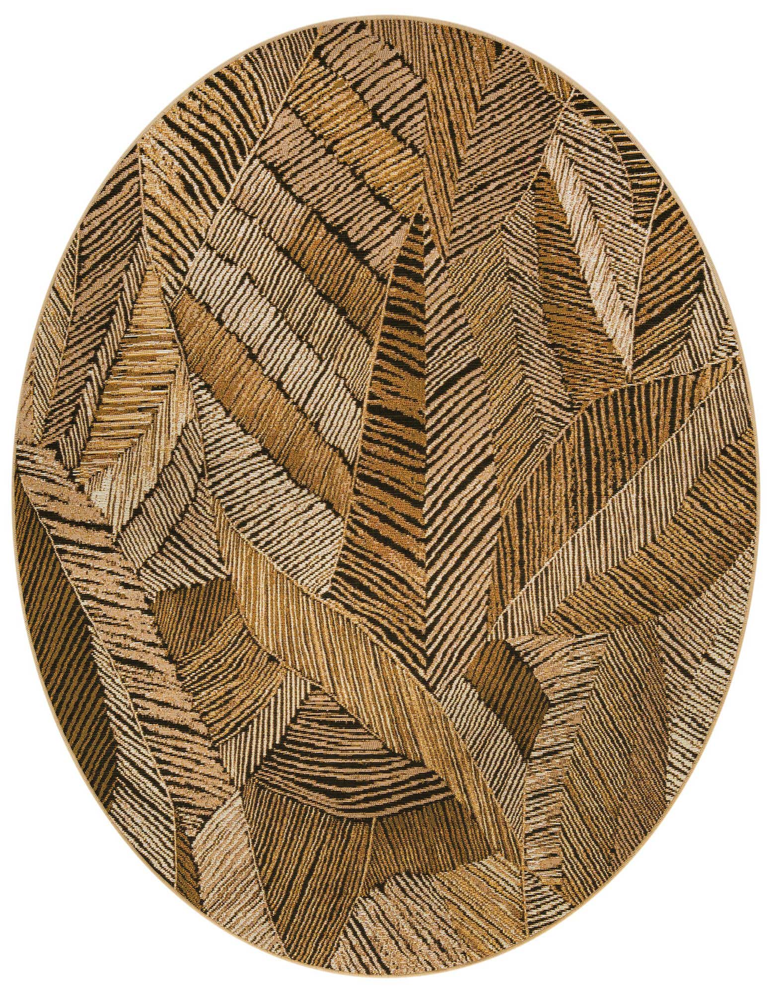 A round 6' brown and tan modern outdoor rug with a textured abstract leaf pattern, suitable for a patio.