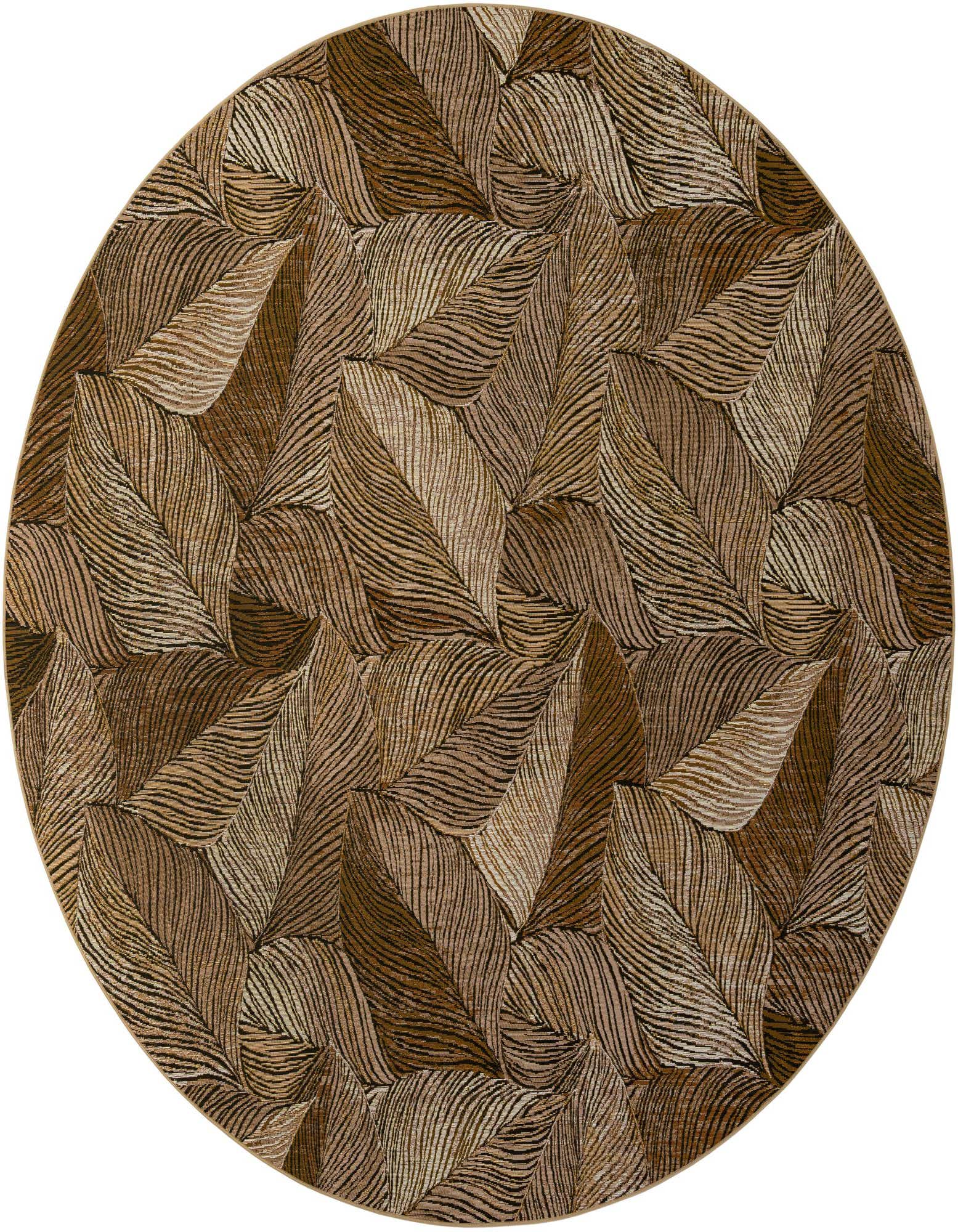A 10-foot round brown and tan modern rug with a repeating leaf pattern, suitable for indoor or outdoor use.