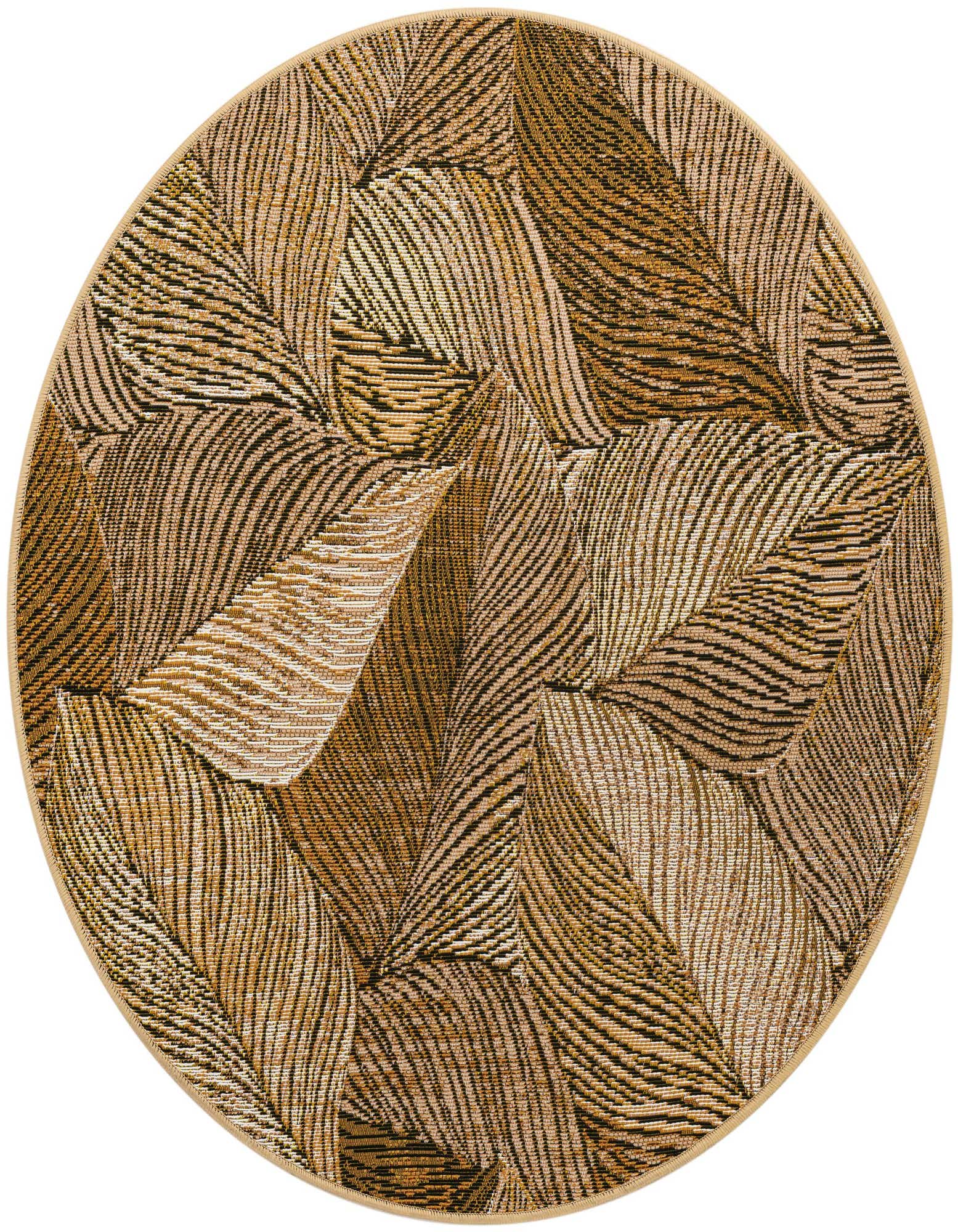 A round, flatweave Rugs.com Outdoor Botanical rug with a modern floral pattern in shades of brown and tan, suitable for a patio.