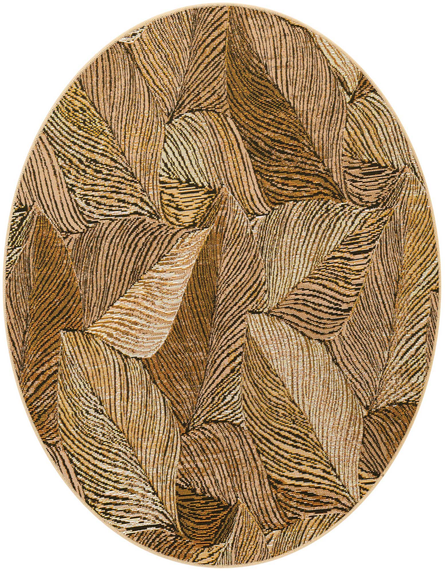 A round 4' brown and tan rug with a modern floral leaf pattern, suitable for indoor or outdoor use.