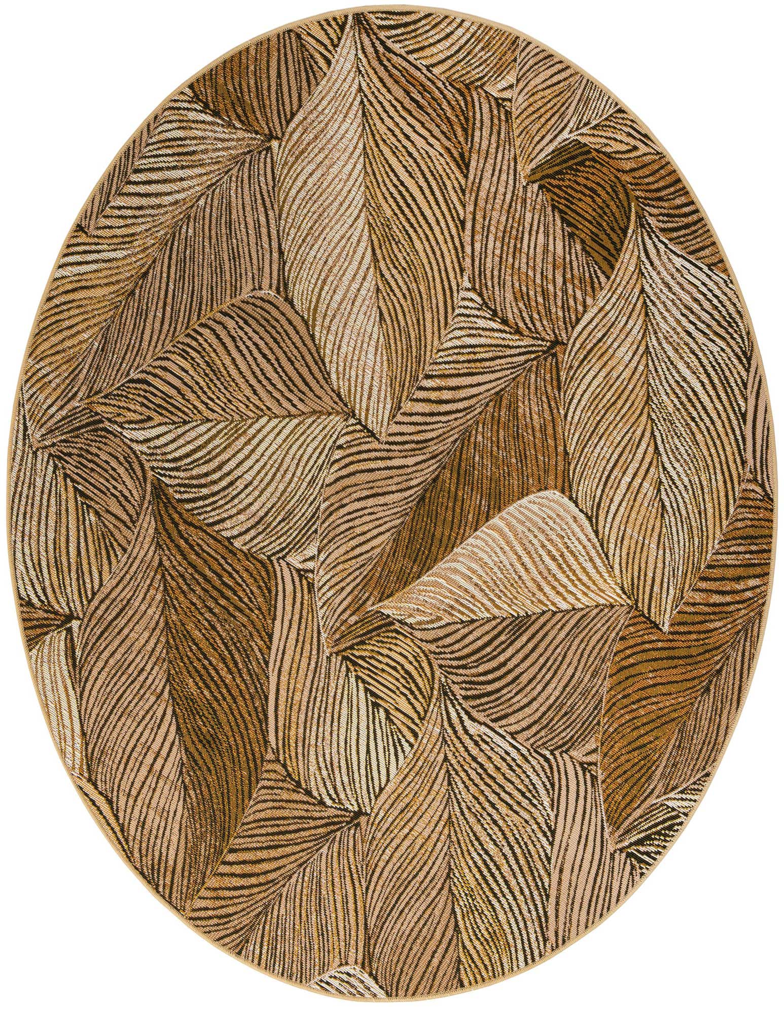 A round, 5' 3" brown and tan rug with a modern floral pattern resembling textured leaves, suitable for indoor/outdoor use.