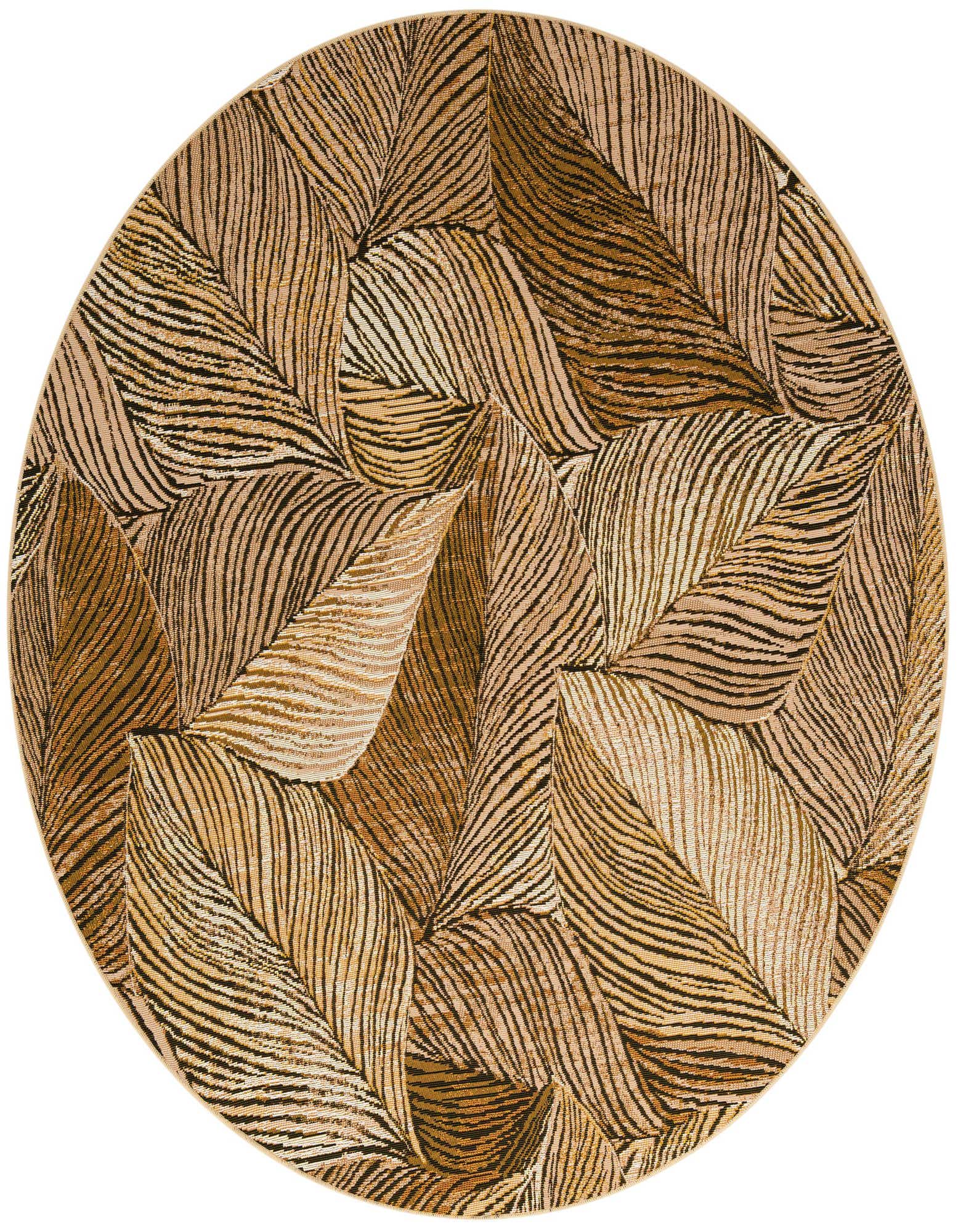 A 6' round brown and tan rug featuring a modern floral leaf pattern, suitable for indoor or outdoor spaces.