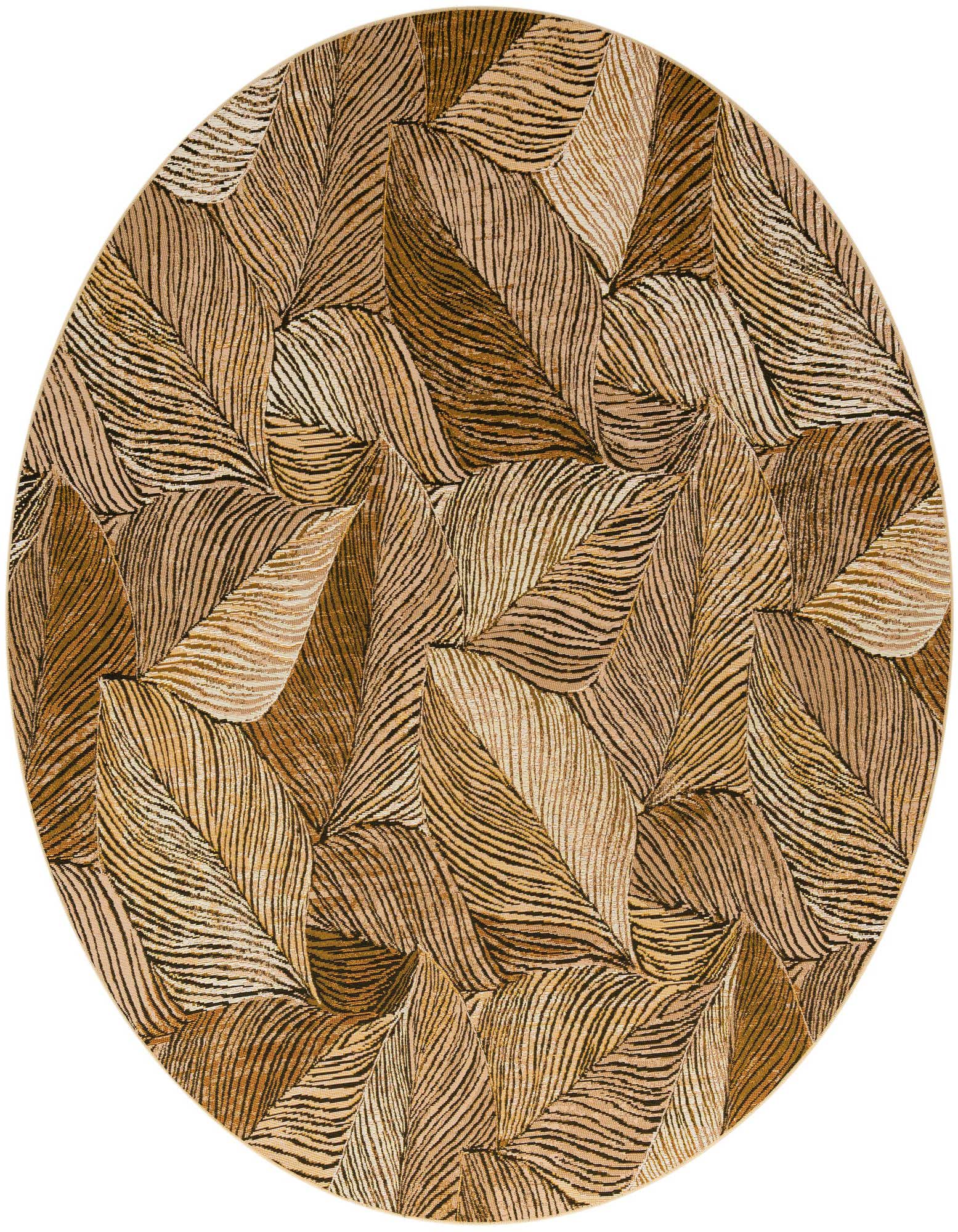 A round brown and tan rug featuring a modern floral pattern of overlapping leaves with textured veins, suitable for indoor or outdoor use.