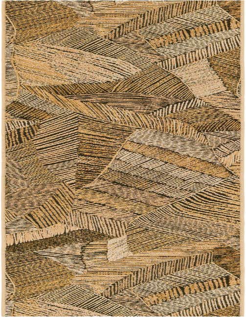 A long 8 ft runner rug with a modern abstract pattern in varying shades of brown and tan, suitable for a hallway or patio.