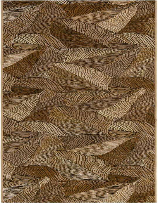 A 10 ft runner rug with a modern floral pattern in varying shades of brown and tan, suitable for a hallway or patio.