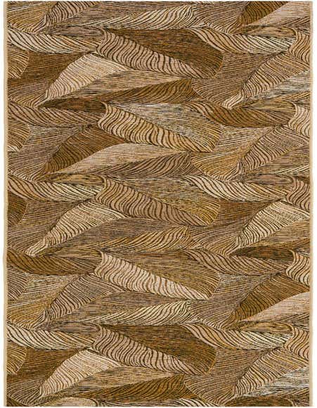 A 12 ft runner rug featuring a modern botanical leaf pattern in varying shades of brown and tan, suitable for a hallway or patio.