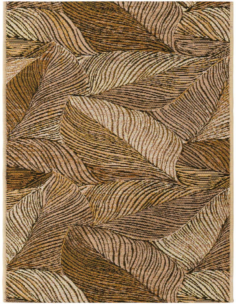 A 5 ft runner rug with a modern floral pattern featuring large, textured brown and tan leaves, suitable for a hallway or patio.