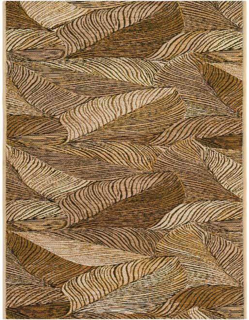 A close-up of an 8 ft runner rug featuring a modern floral pattern with large, textured leaves in varying shades of brown and tan.
