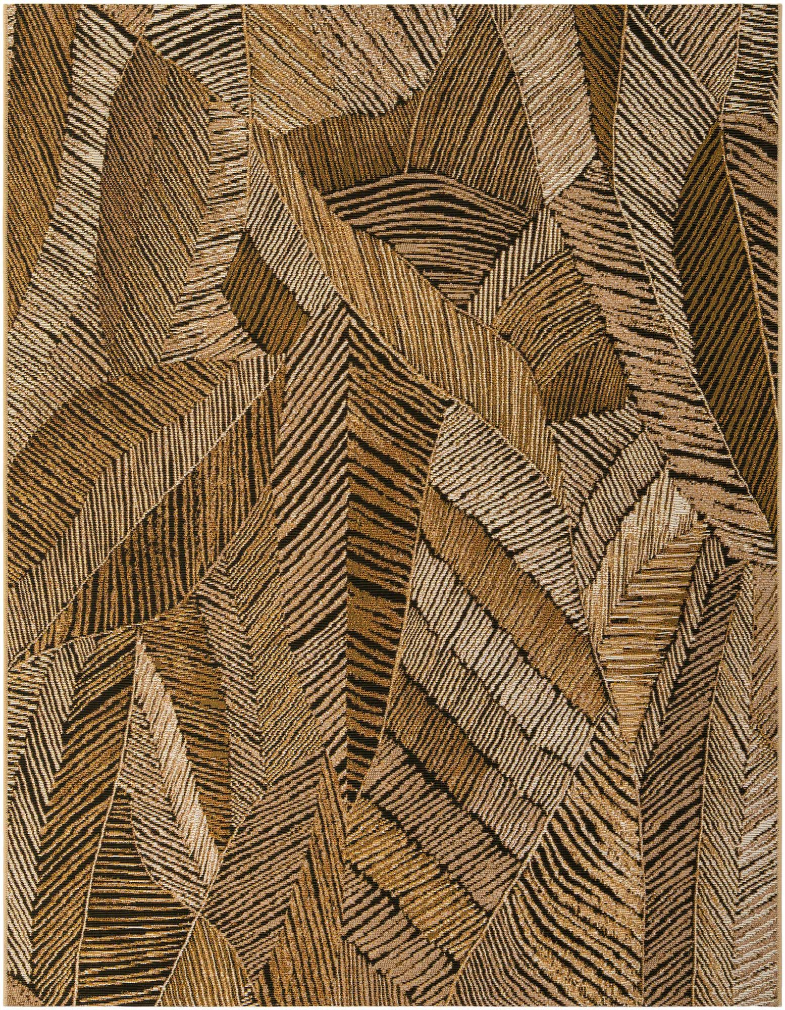 A 6'x6' square indoor/outdoor rug with a modern botanical pattern in varying shades of brown and tan, featuring textured flatweave lines.
