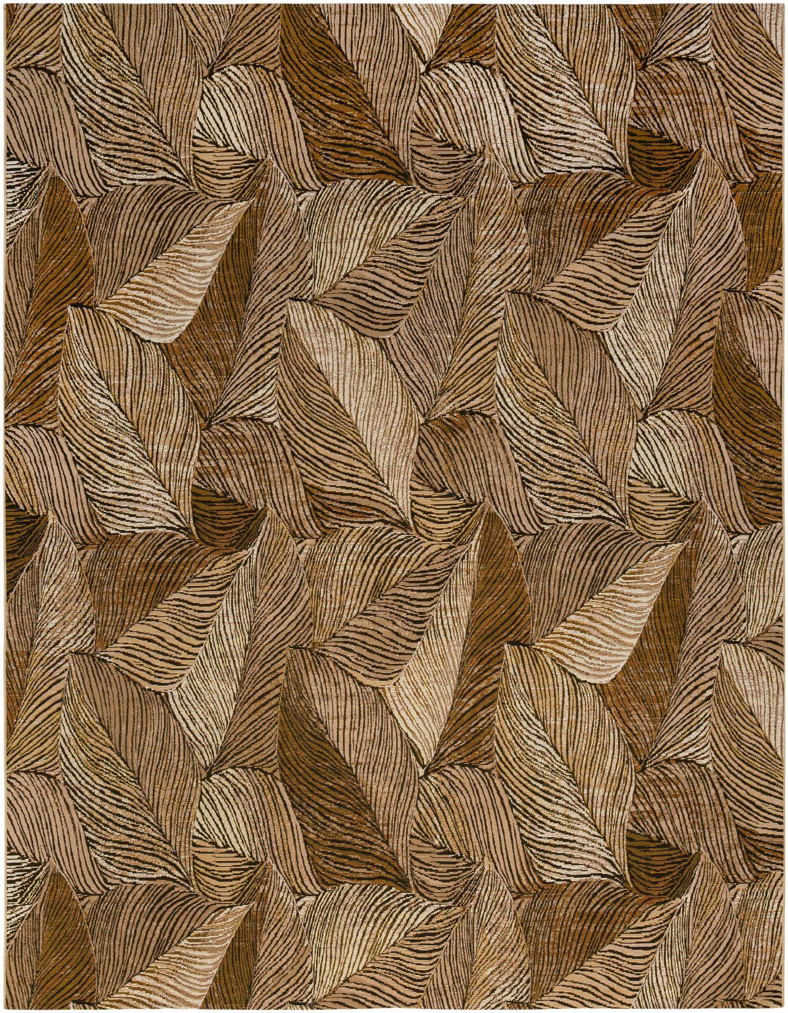 A 10' 0 x 10' 0 square brown modern floral rug with a textured leaf pattern, suitable for indoor or outdoor use.