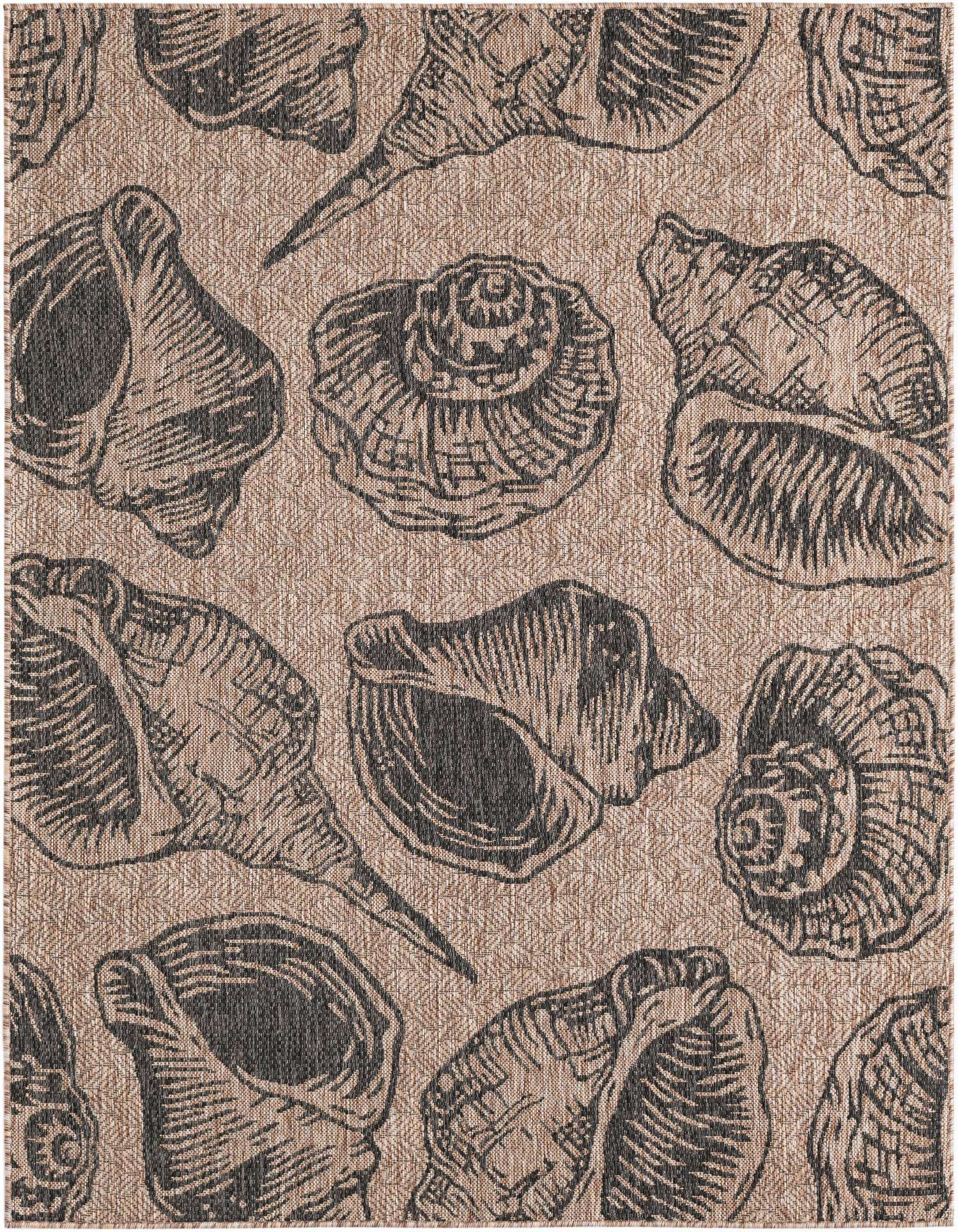 A 5x7 rectangular indoor/outdoor rug with a modern coastal pattern of black seashells on a brown and tan background.