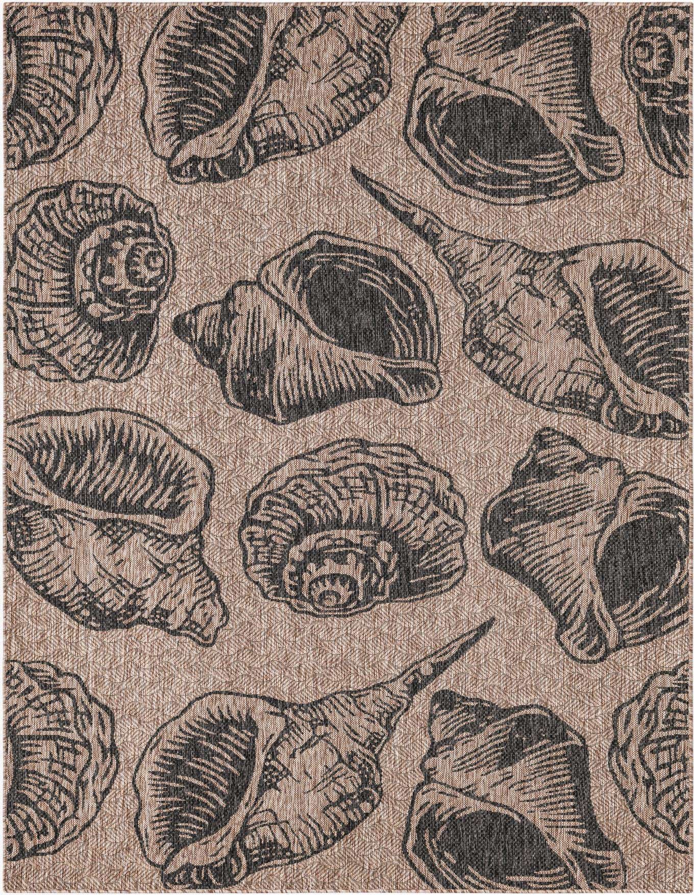 A 6x9 rectangular indoor/outdoor rug with a modern coastal pattern of various black seashells on a brown and tan textured flatweave background.