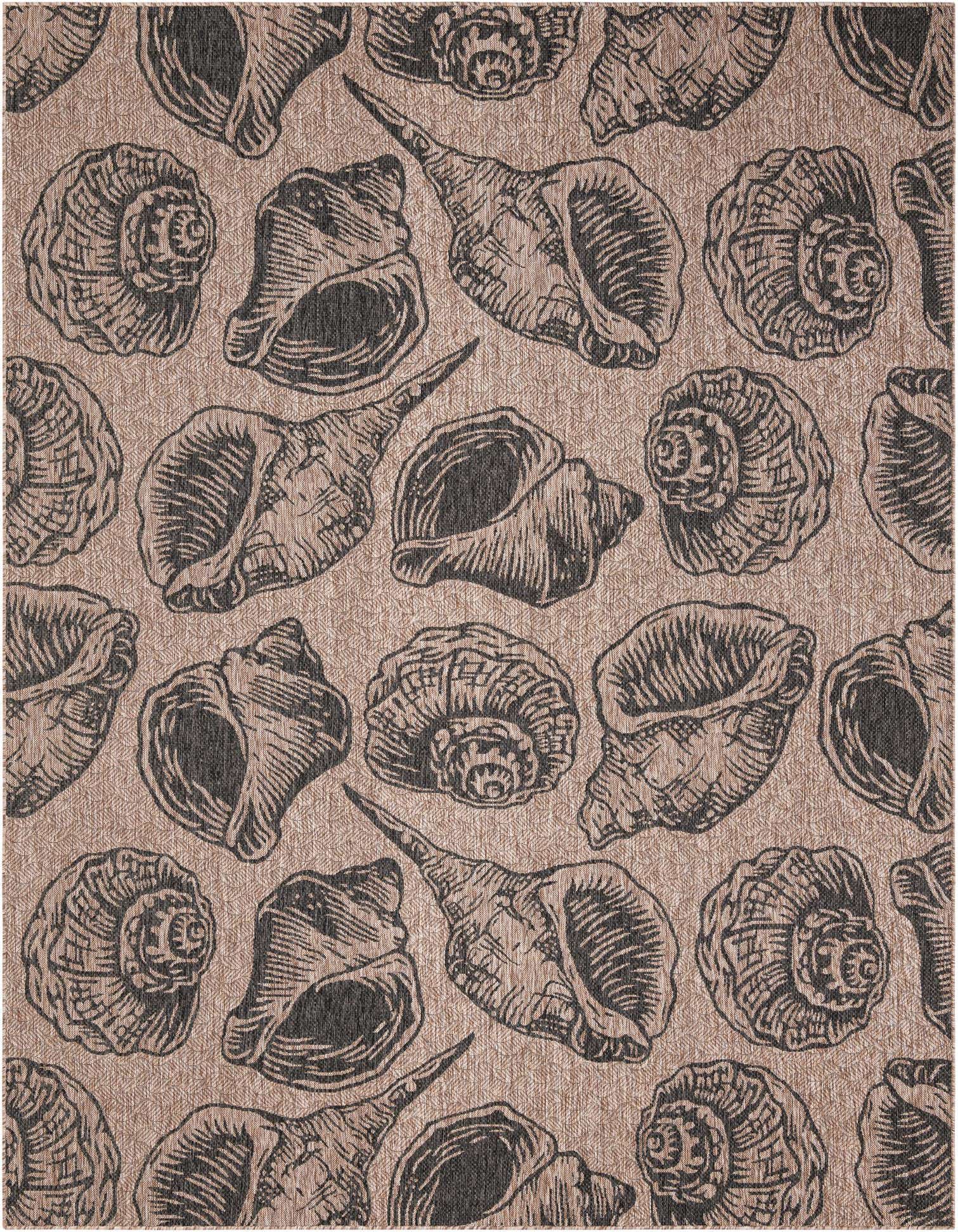 A 9x12 rectangular indoor/outdoor rug with a black and brown seashell pattern, perfect for a coastal living room or patio.