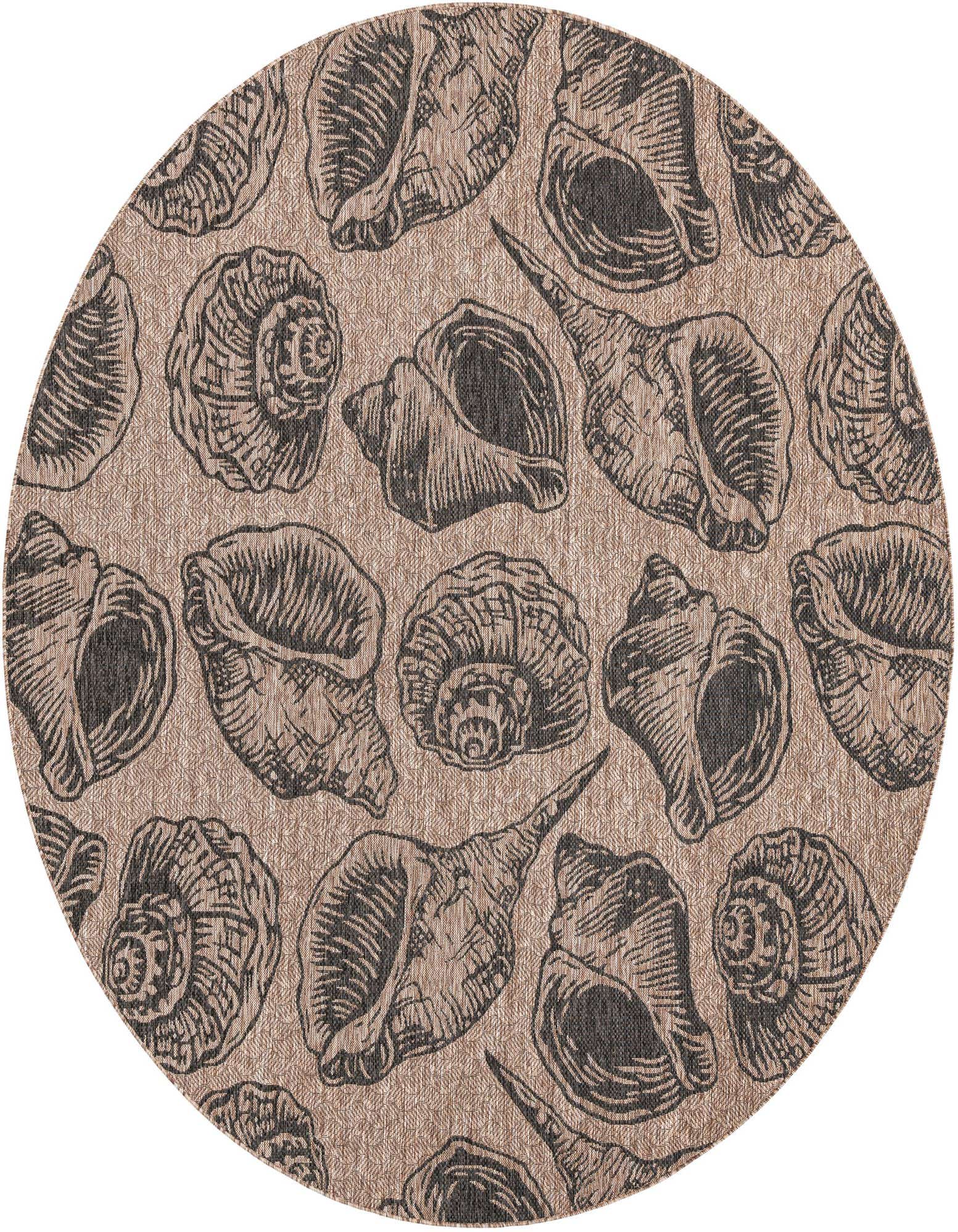 A round 10' brown and black coastal rug featuring various seashell patterns, ideal for a patio.