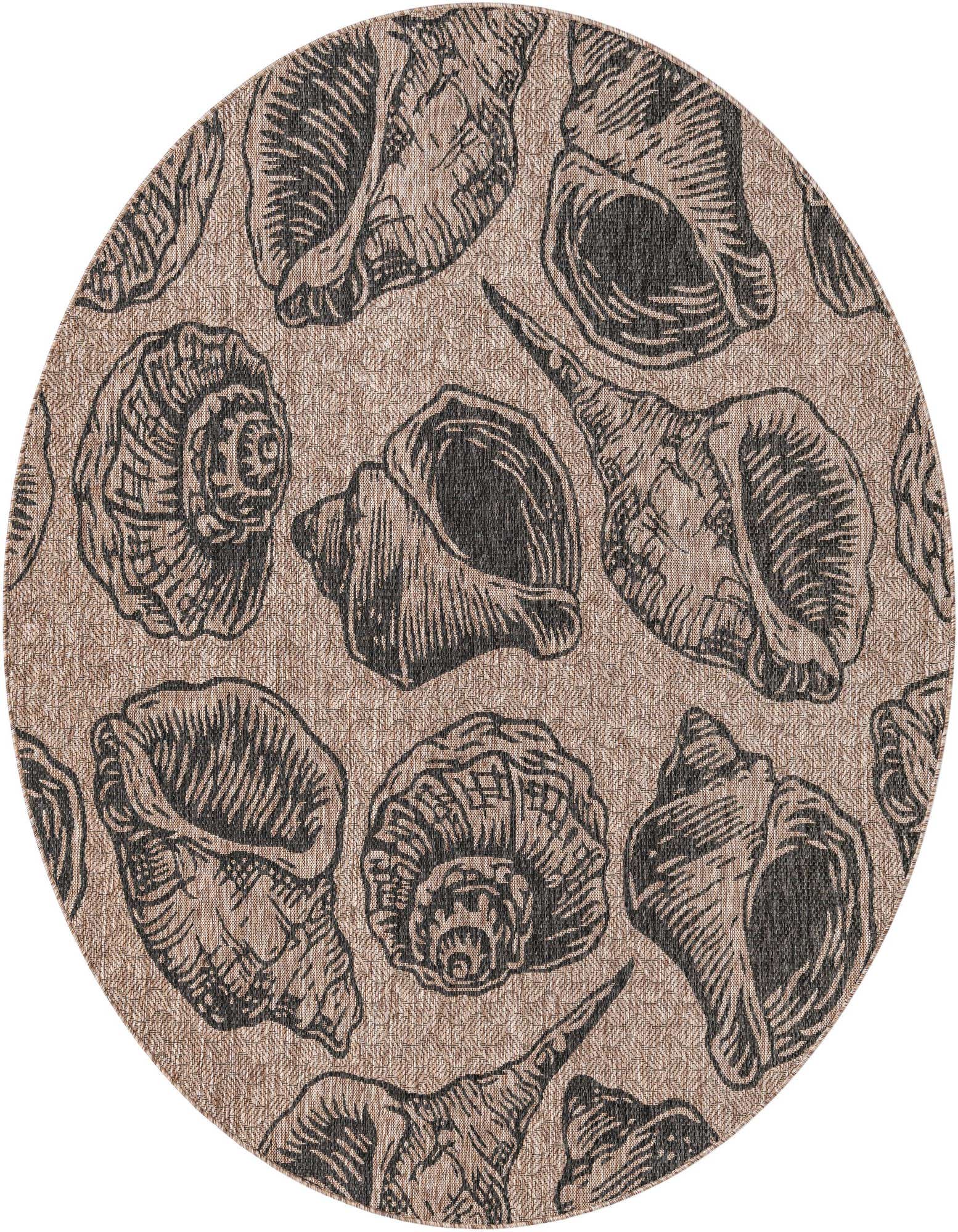 A round, flatweave Rugs.com Outdoor Coastal rug featuring a repeating pattern of black seashell illustrations on a brown and tan background.